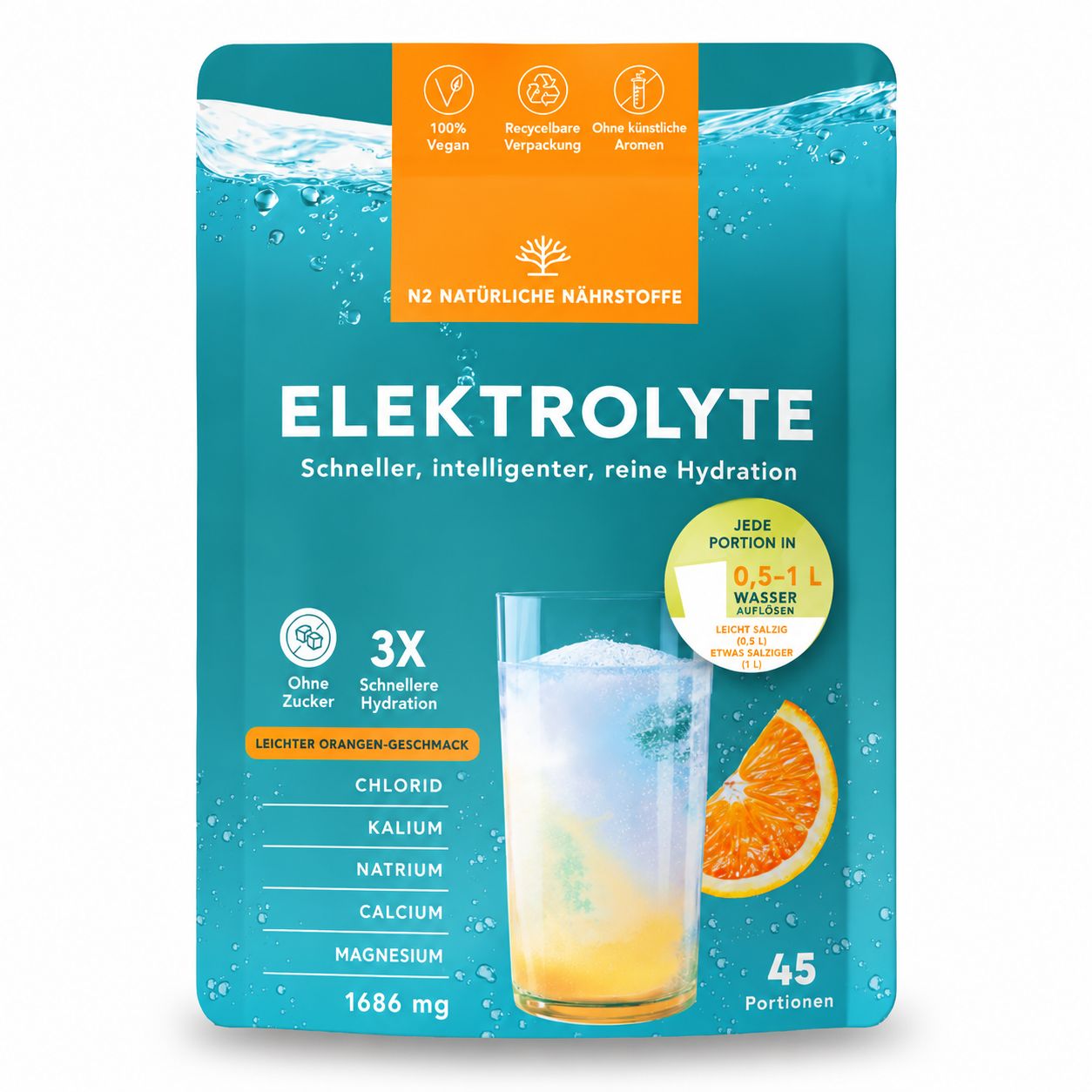 N2 Elektrolyte Pulverpackung mit Orangen-Geschmack, 45 Portionen.