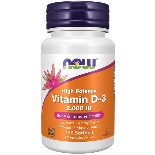 Weiße Flasche mit Vitamin D-3. Orangefarbenes Etikett mit Produktinformationen und dem NOW-Logo. 120 Softgels.
