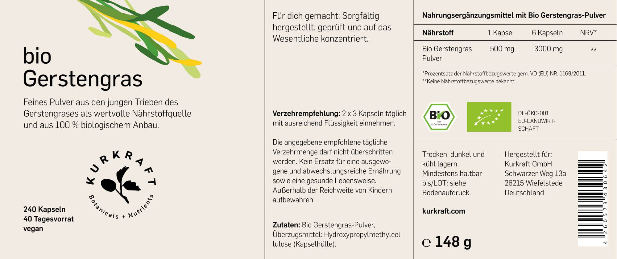 Etikett mit Text: "bio Gerstengras". Informationen zu Inhaltsstoffen, Dosierung und Zertifizierungen. Logo Kurkraft.