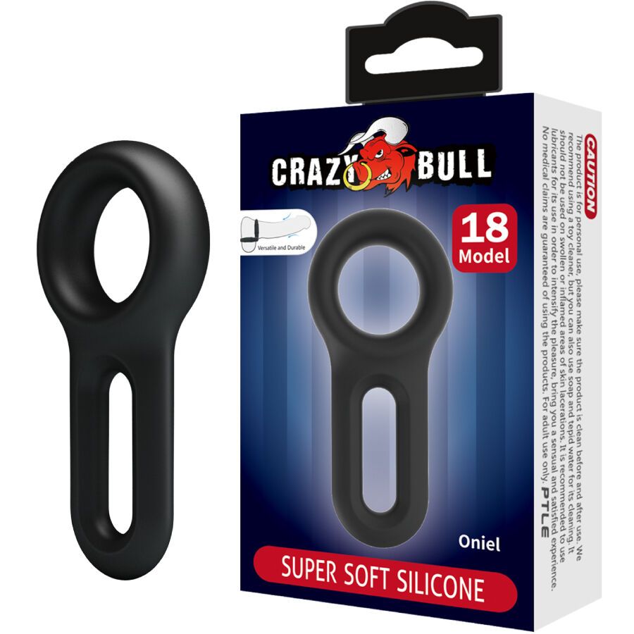 Produktverpackung mit Penisring. Marke Crazy Bull, Modell 18, Oniel. Super Soft Silicone.