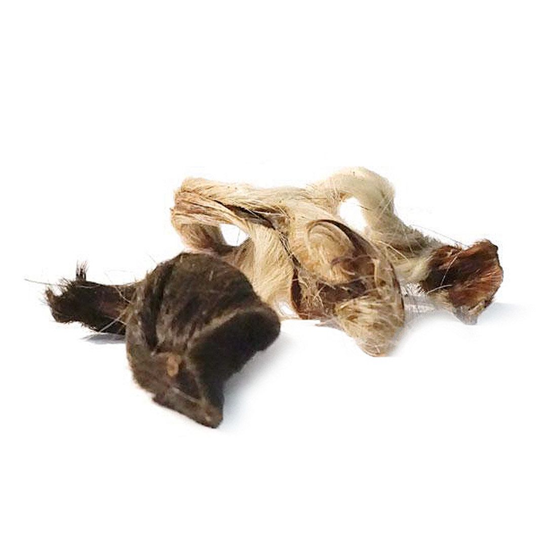 Mehrere Stücke Pferdehaut mit Fell. Unterschiedliche Formen und Farben, von dunkelbraun bis hellbraun. Auf weißem Hintergrund.