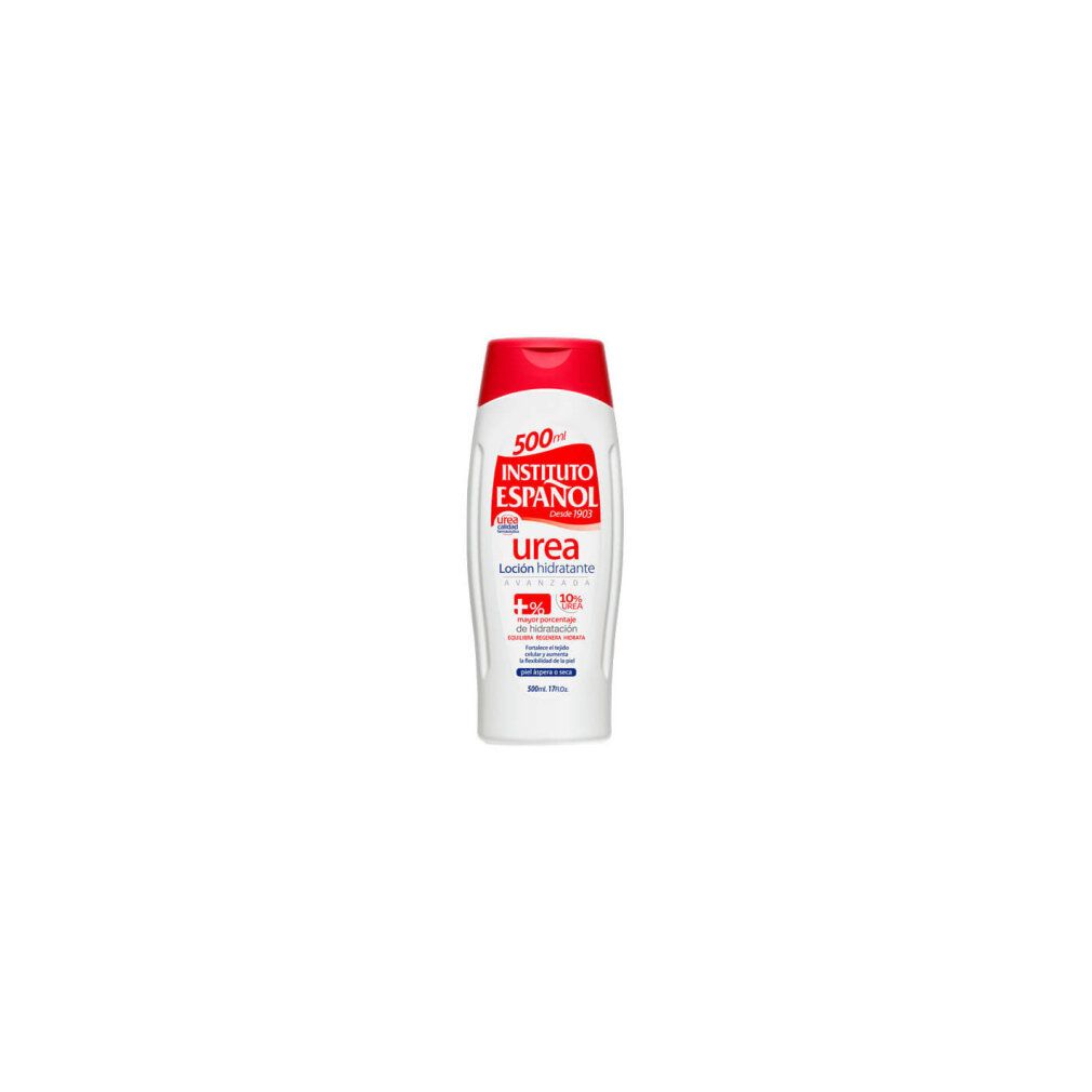 Weiße Flasche mit rotem Deckel. Aufschrift Instituto Español Urea. Loción hidratante. 10% Urea. Für trockene Haut.
