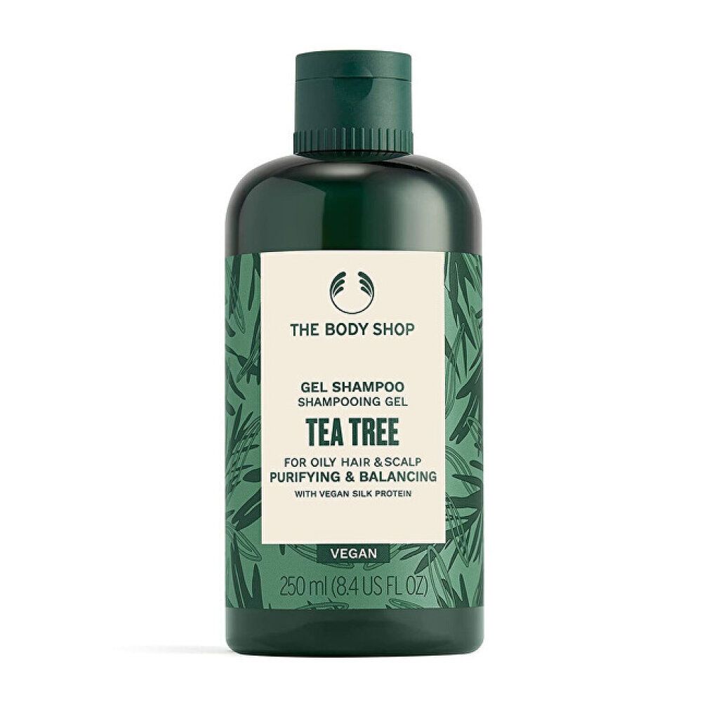 Grüne Flasche Gel Shampoo. Etikett mit Produktnamen und Inhaltsstoffen. Vegan. 250 ml.