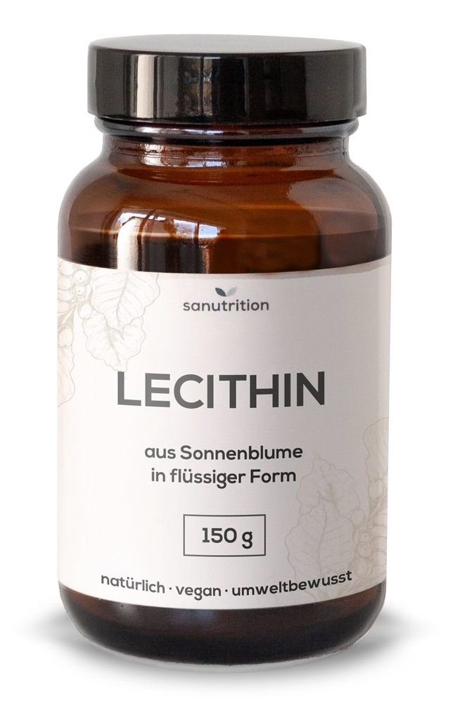 Braune Glasflasche mit Etikett „Lecithin aus Sonnenblume in flüssiger Form“. 150g. Vegan, umweltbewusst.
