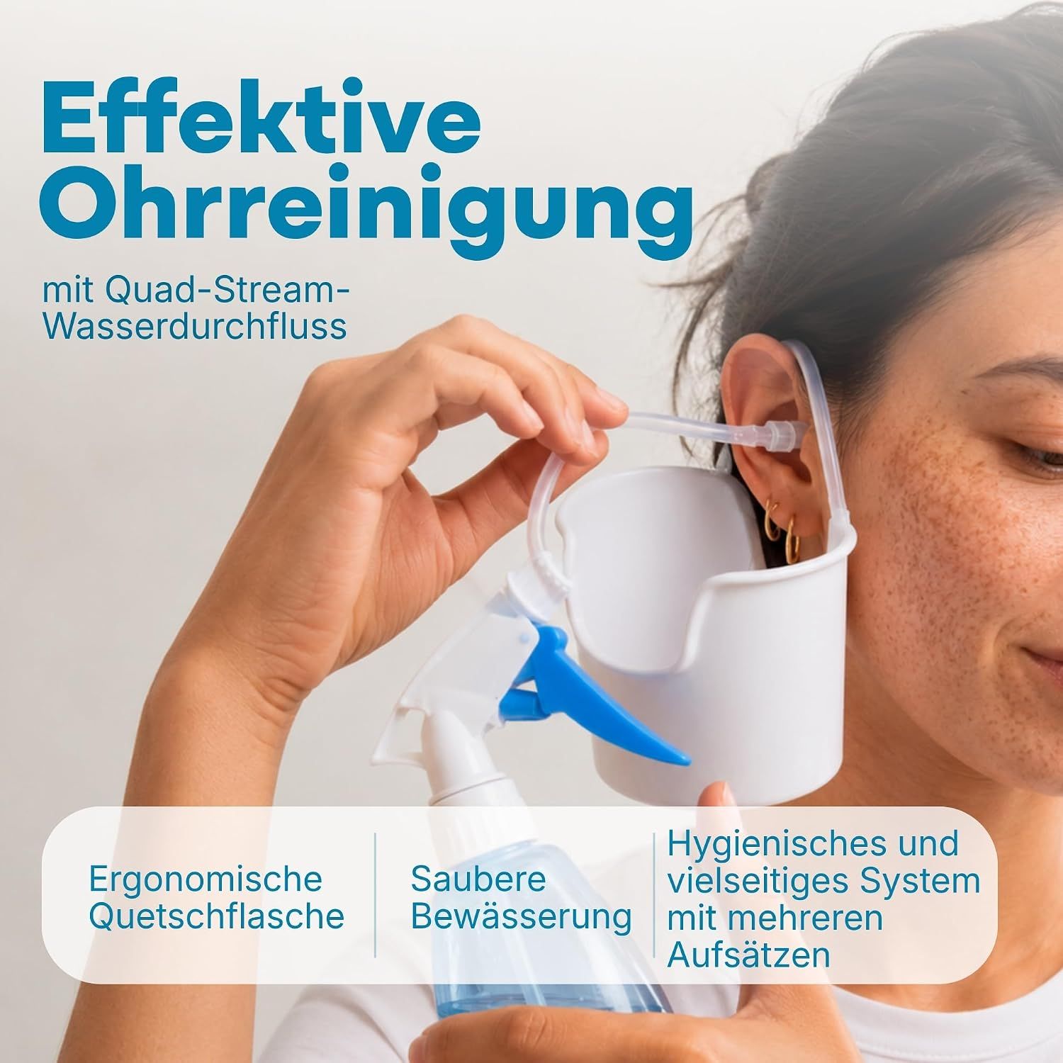 Ohrspülflasche mit ergonomischer Quetschflasche und Quad-Stream-Wasserfluss für effektive Ohrreinigung.