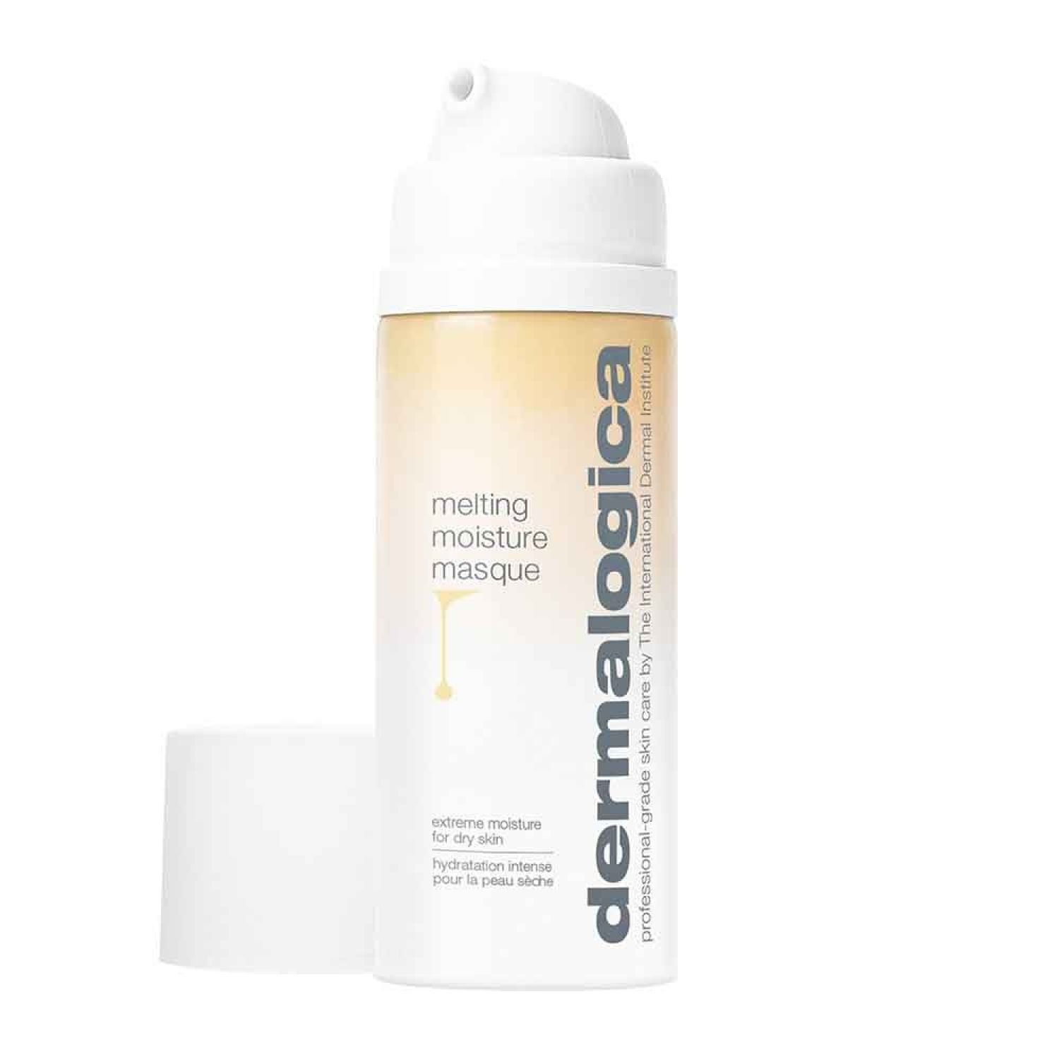 Zylinderförmige Flasche mit weißem Deckel und Aufschrift. Aufschrift: melting moisture masque, dermalogica.