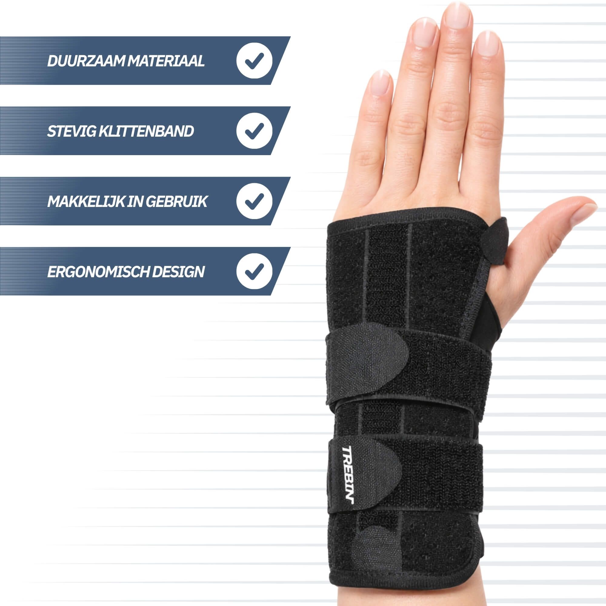 Schwarze Handgelenkbandage mit Klettverschluss und Logo.