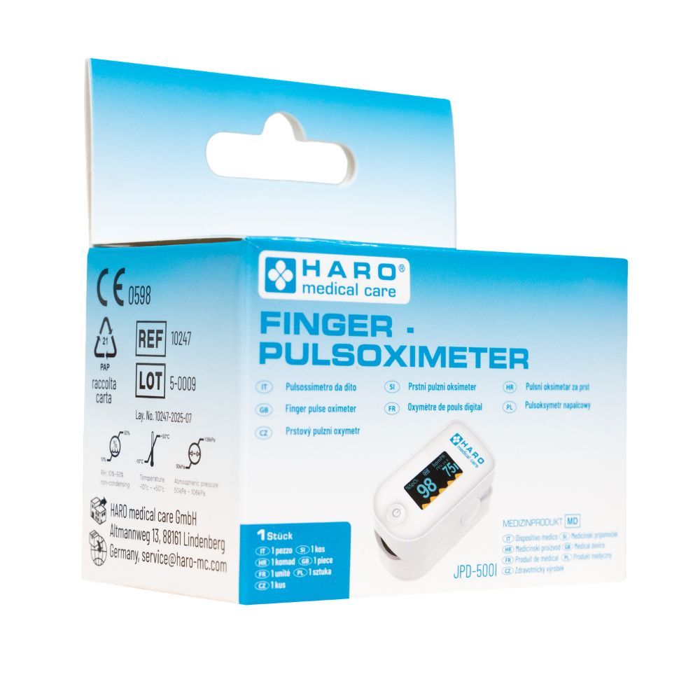 Verpackung mit Finger-Pulsoximeter. Gerät mit Display, zeigt Werte an. Marke: HARO medical care.