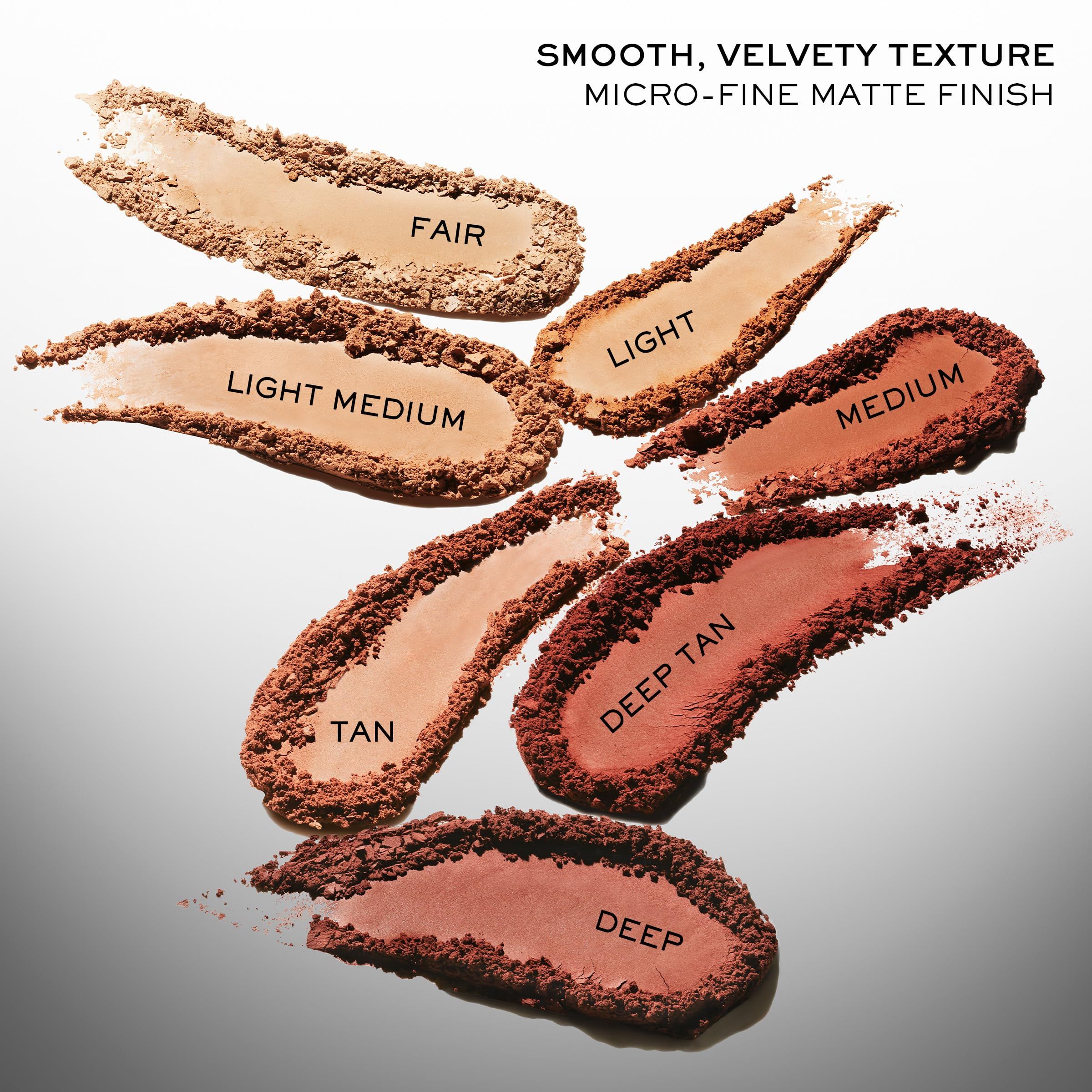 Sieben Farbtöne des Produkts auf einer Oberfläche. Text: Fair, Light, Light Medium, Medium, Tan, Deep Tan, Deep. Micro-Fine Matte Finish.