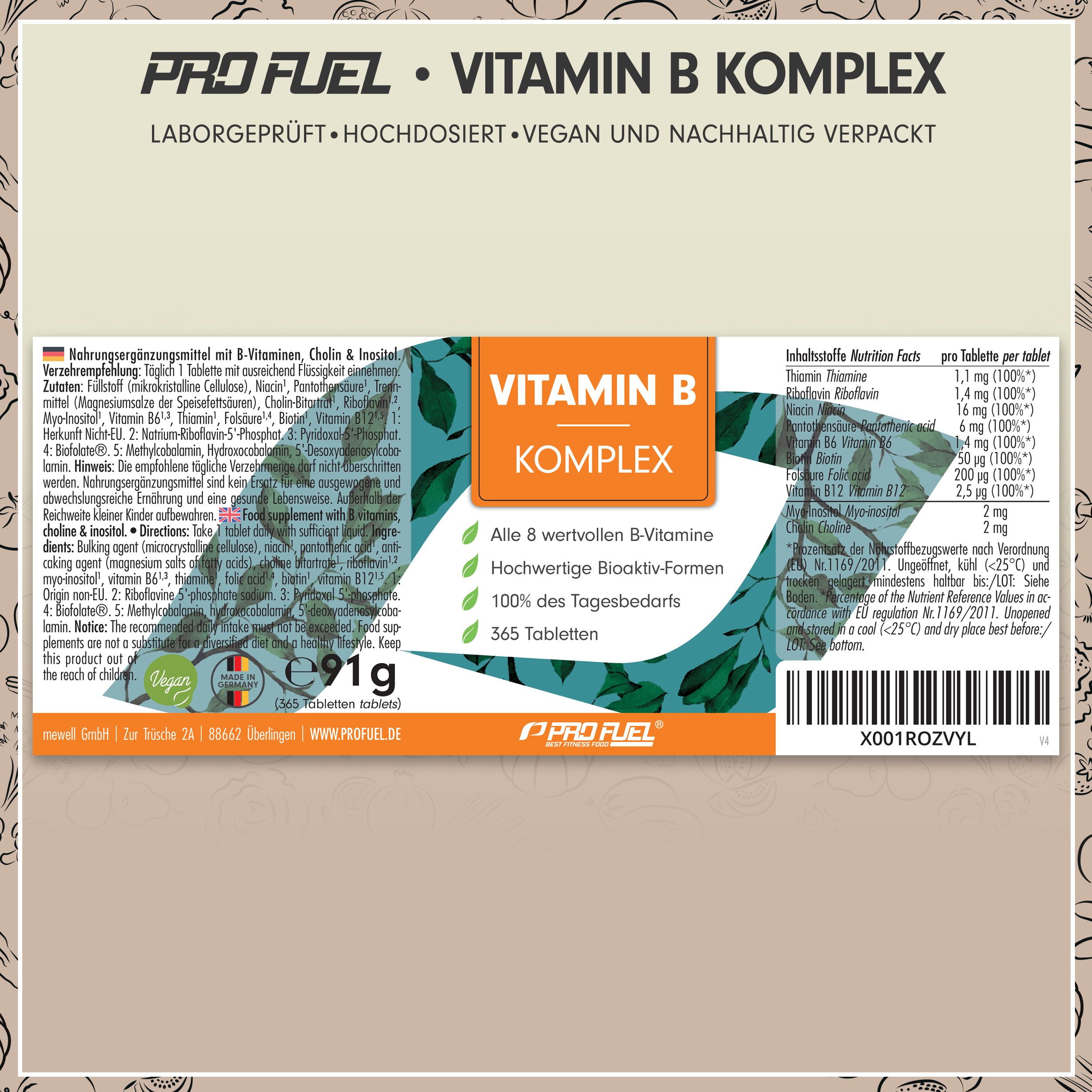 Produktverpackung. Aufschrift: VITAMIN B KOMPLEX. Enthält 365 Tabletten. Nährwerttabelle und Inhaltsstoffe. Vegan-Siegel.