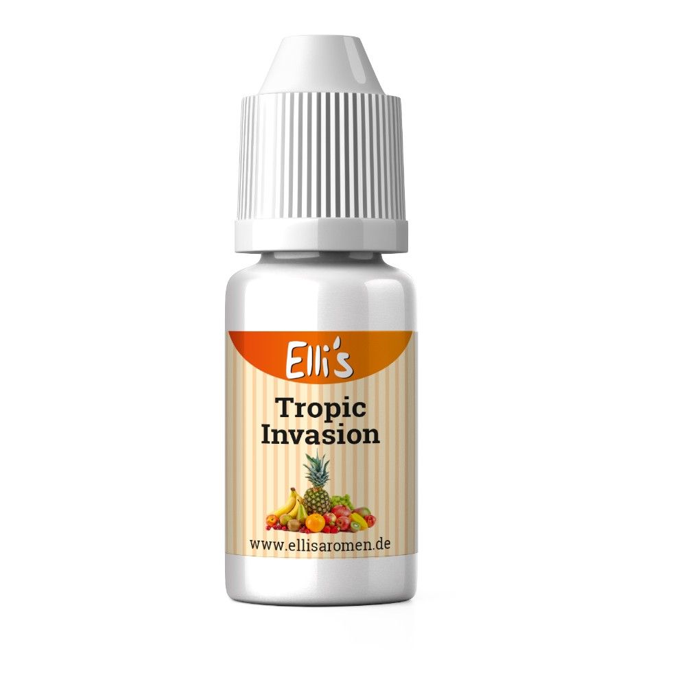 Weiße Flasche mit Tropfverschluss. Aufkleber mit "Elli's Tropic Invasion" und Früchten. www.ellisaromen.de.