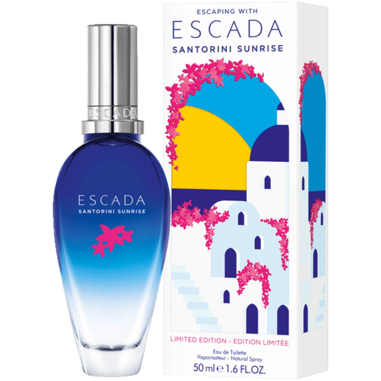 Escada Santorini Sunrise Flakon und Verpackung. Flakon blau-weiß, Verpackung mit Illustrationen und Schriftzug.