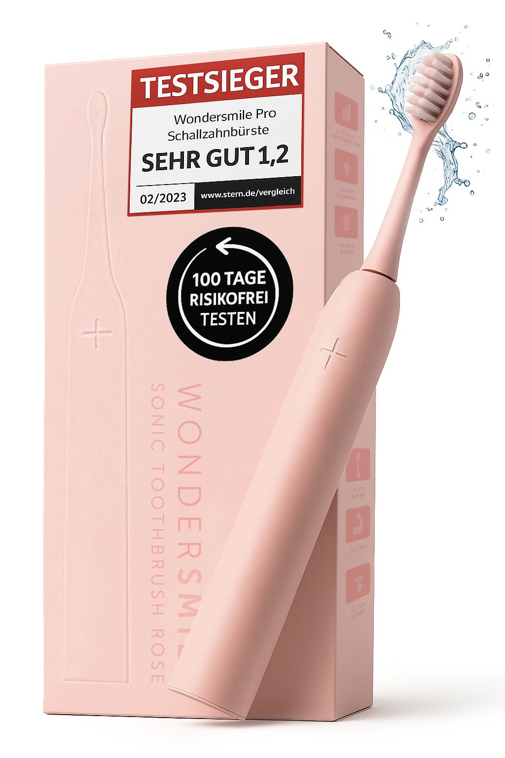 Rosa elektrische Zahnbürste mit Verpackung. Auf der Verpackung steht "TESTSIEGER" und "Wondersmile Pro Schallzahnbürste".