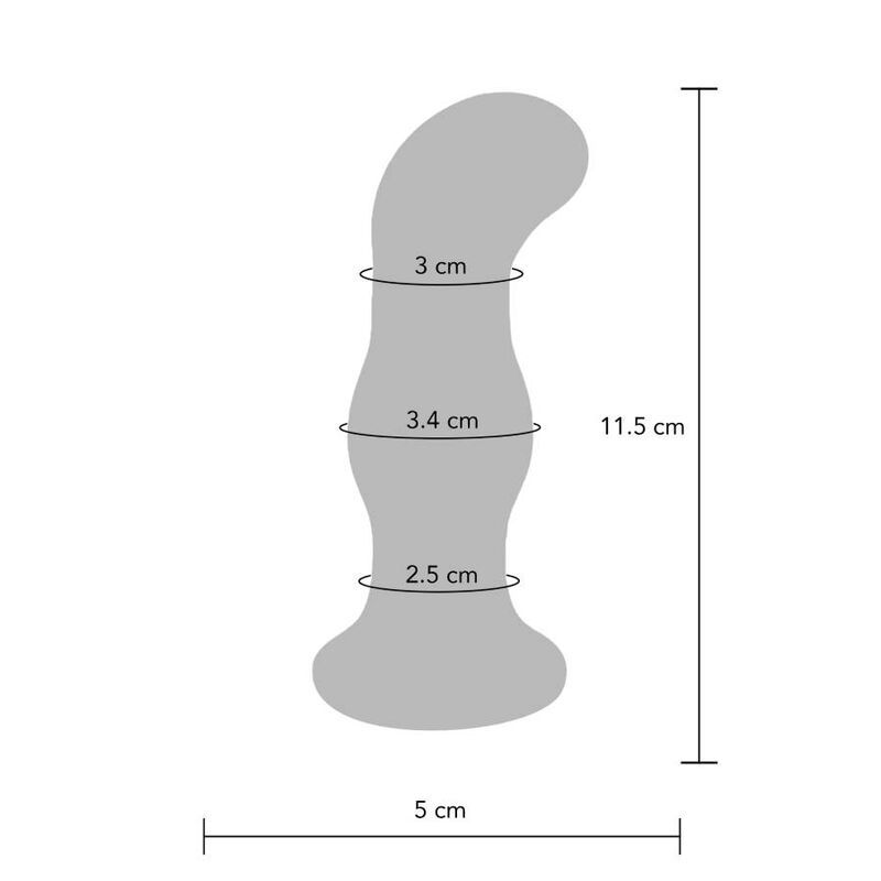 Graue schematische Darstellung eines Analplugs. Abmessungen: 11,5 cm hoch, 5 cm breit. Durchmesserangaben: 3 cm, 3,4 cm, 2,5 cm.