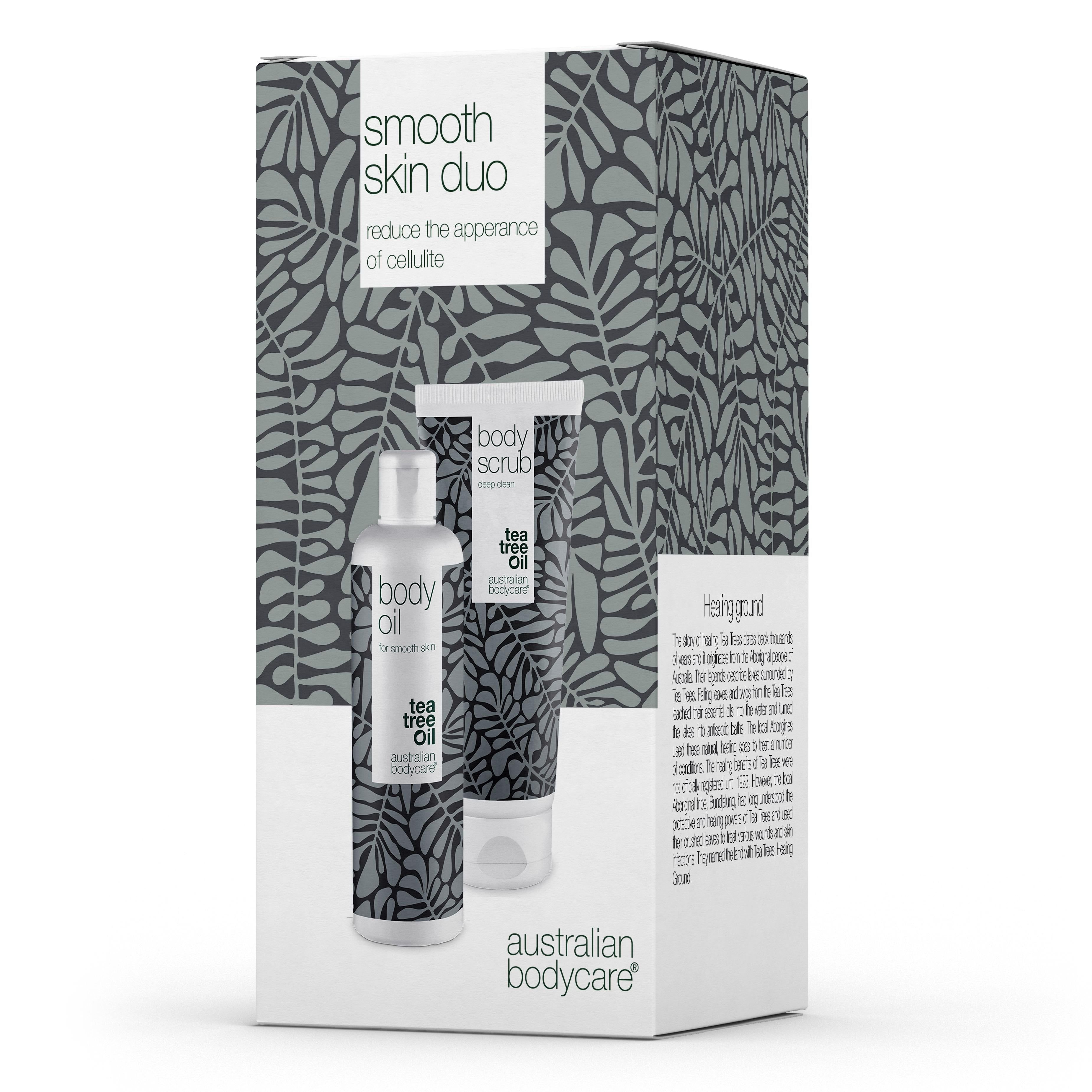 Set mit Body Oil und Body Scrub. Verpackung mit Produktnamen und Logo. Reduziert Cellulite.