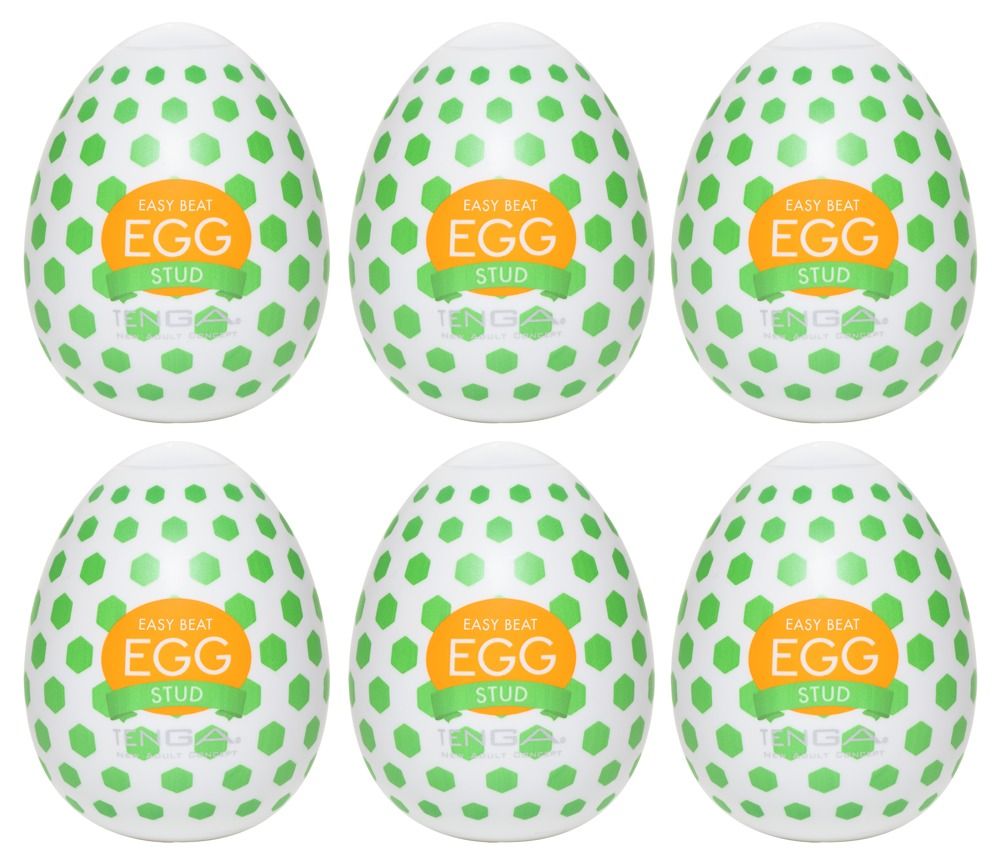 Sechs weiße Eier mit grünen Sechsecken. Aufschrift "EASY BEAT EGG STUD".