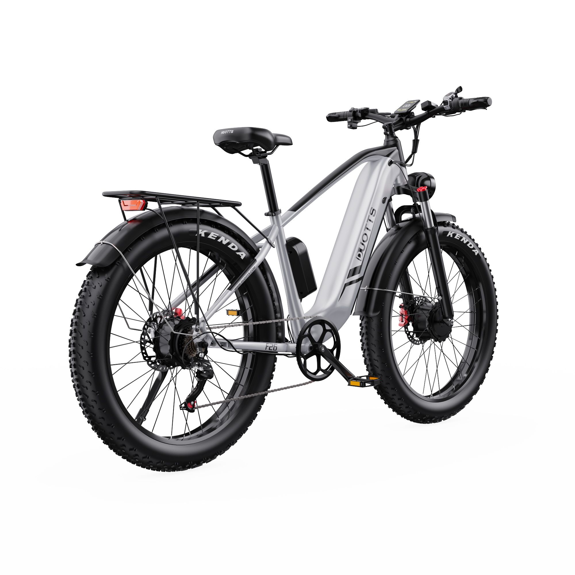 Elektrisches Fahrrad DUOTTS F26. Rückansicht, schwarzer Rahmen, silbernes Mittelteil, breite Reifen, Gepäckträger.