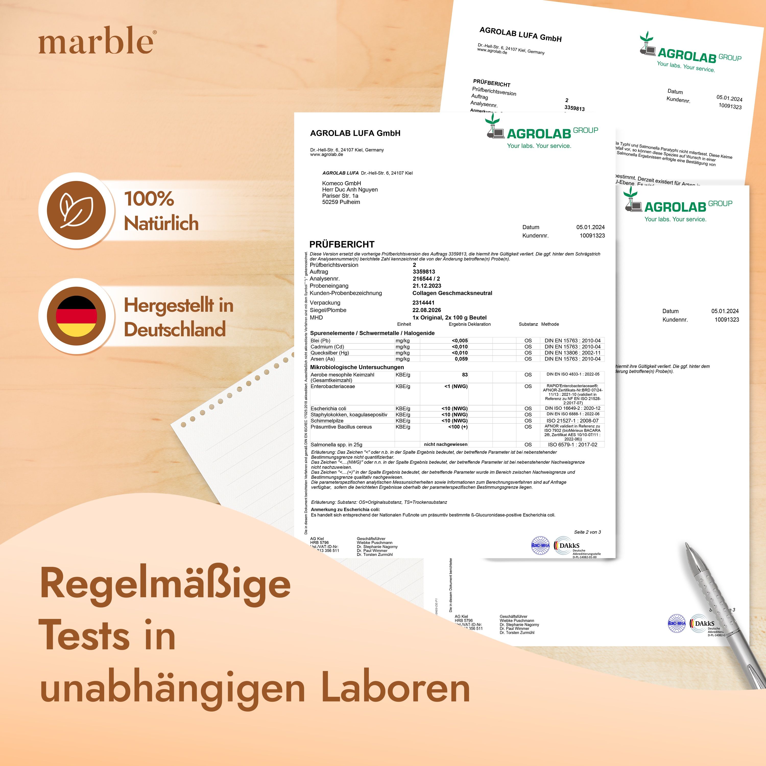 Dokumente mit Prüfberichten. Text: "AGROLAB LUFA GmbH", "100% Natürlich", "Hergestellt in Deutschland".