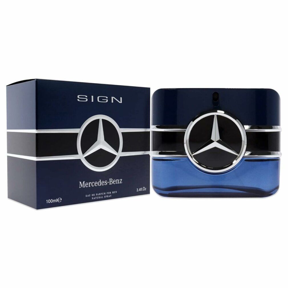 Blauer Flakon und Verpackung mit Mercedes-Benz-Logo. Flakon rechteckig, Logo schwarz.
