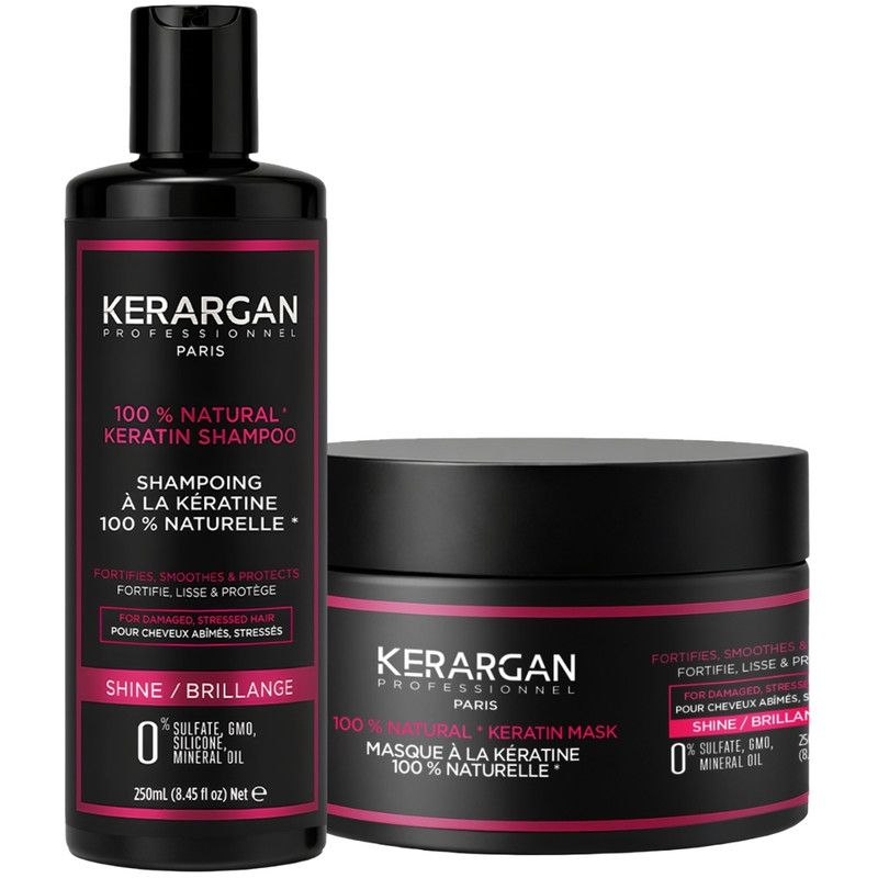 Zwei schwarze Kerargan-Haarpflegeprodukte. Eine Flasche Shampoo und ein Tiegel Haarkur. Beide haben rosa Akzente und weiße Schrift.