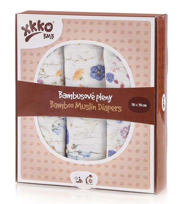 xkko Bambus-Mullwindeln Set, 70x70 cm, mit blauem Wildblumenmuster, im Karton.