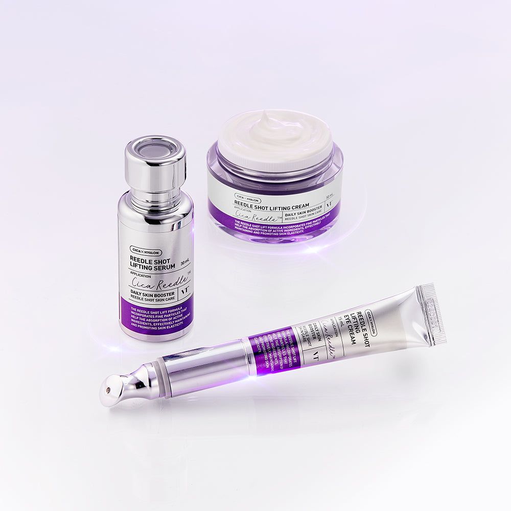 Drei Produkte: Serum, Creme und Augencreme. Lila und silberne Verpackung. Text: Reedle Shot Lifting Serum.