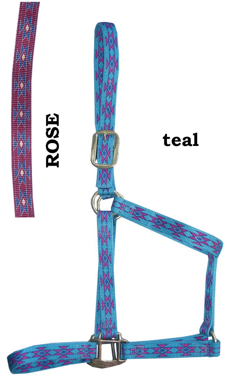 Türkisfarbenes Nylonhalfter mit rosa Muster. Metallverschlüsse. Text: ROSE, teal.
