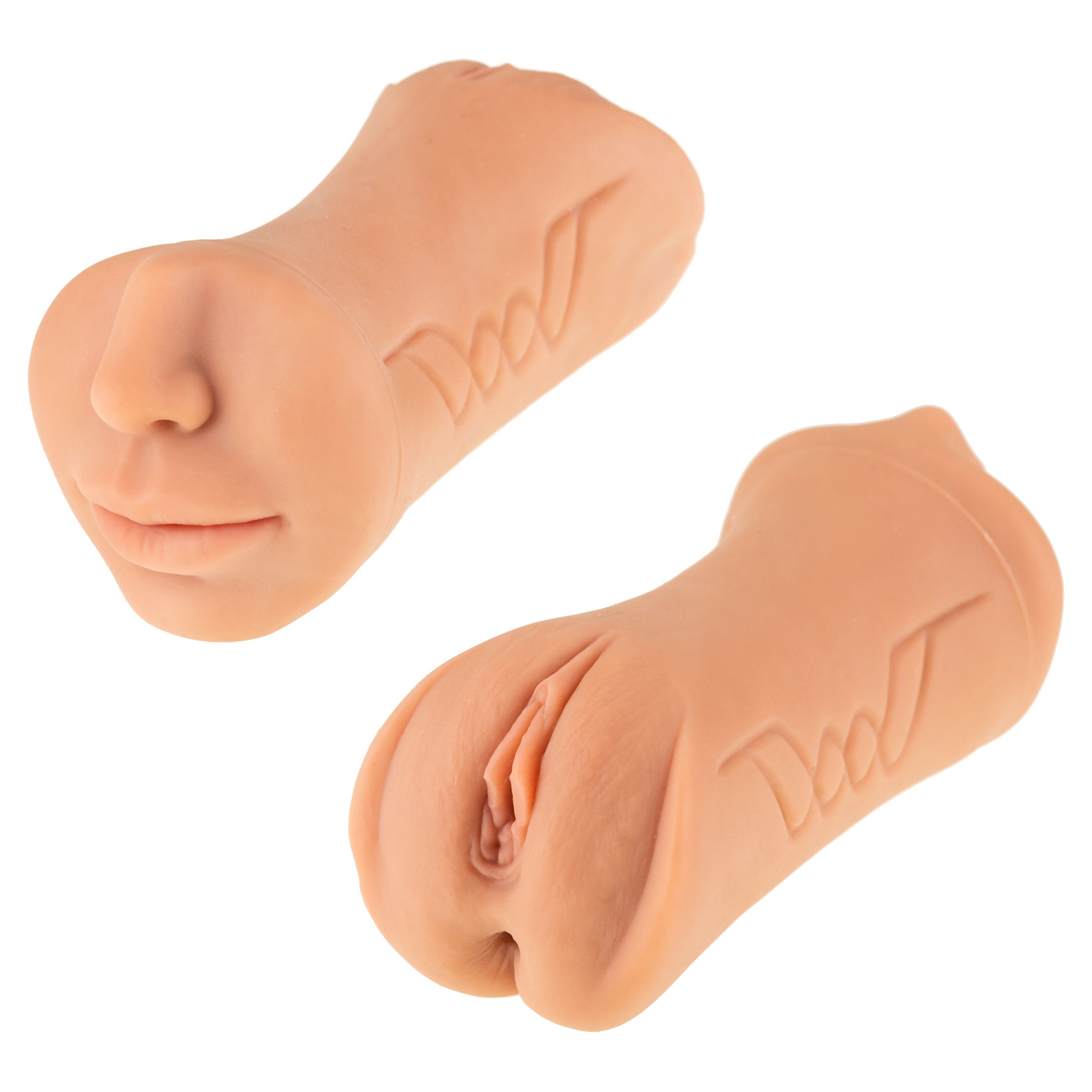 Zwei beigefarbene Masturbationshilfen. Eine mit Gesicht, eine mit Vulva. Logo: Dool.