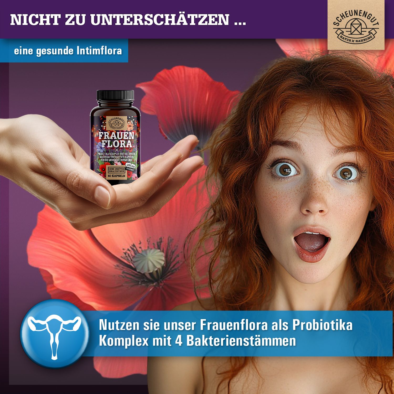 Frau hält Flasche mit Kapseln. Frau mit offenem Mund. Text: Frauenflora als Probiotika Komplex mit 4 Bakterienstämmen.