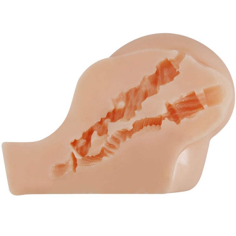 Hellrosa, anatomisch geformtes Produkt. Innere Struktur mit Rillen sichtbar. Seitliche Ansicht.