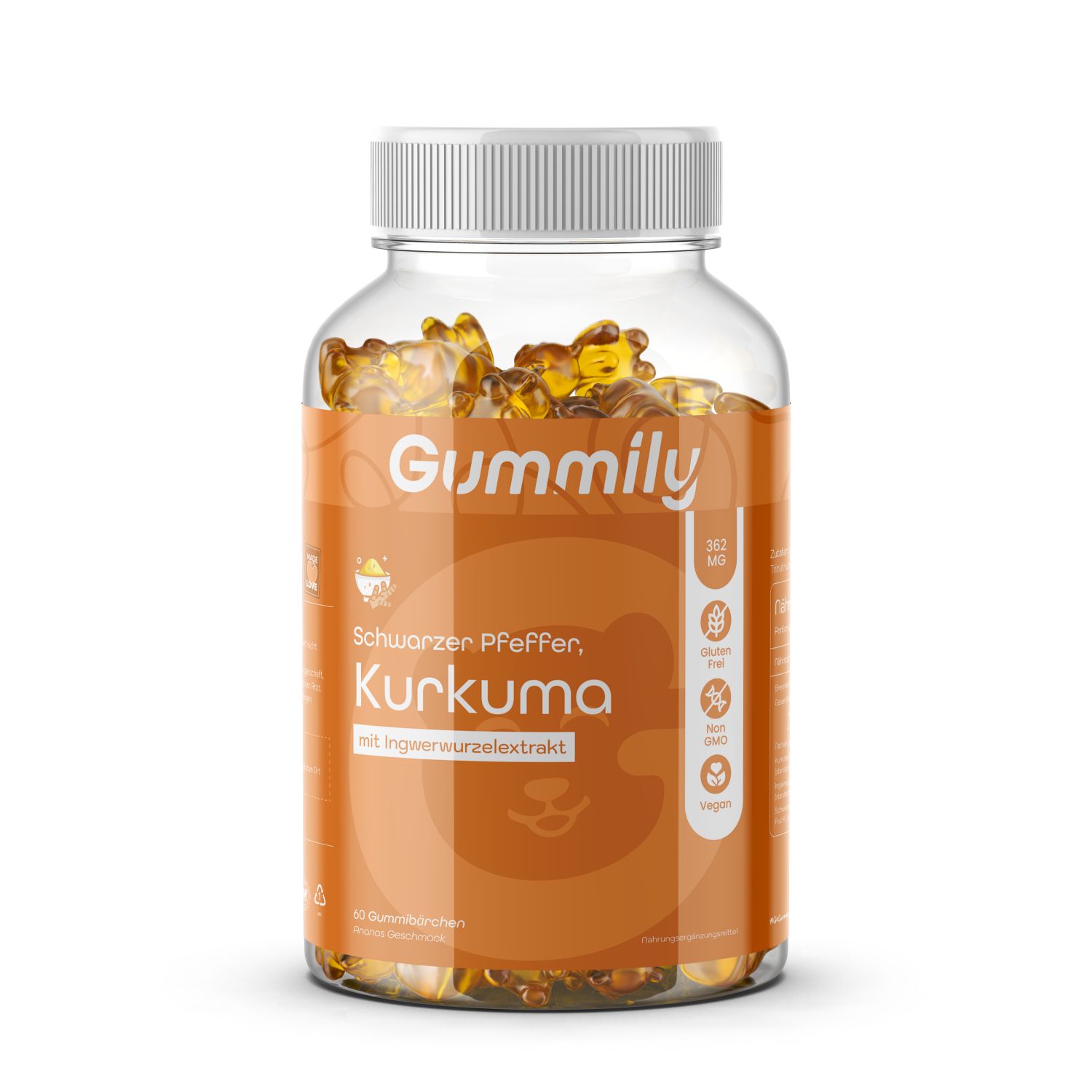 Glas mit Gummibärchen. Aufschrift: Gummily, Kurkuma, schwarzer Pfeffer. Glutenfrei, GMO-frei, vegan.