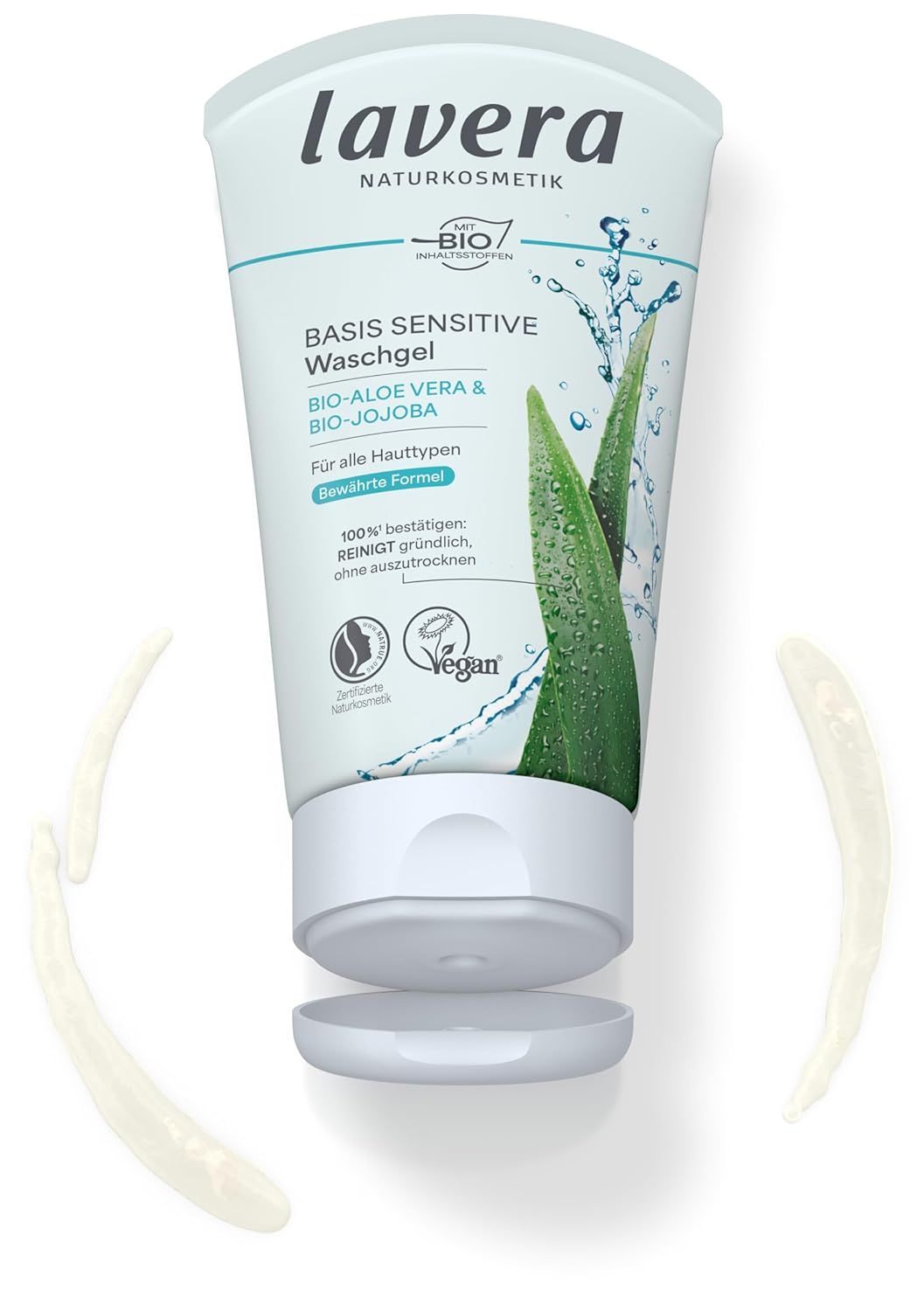 Weiß-türkise Tube mit Produktnamen und Aloe Vera-Illustration. Vegan-Siegel. "Basis Sensitiv Waschgel".