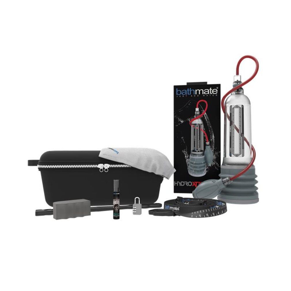 Bathmate HydroXtreme11 Clear Set mit Tasche. Zylinder, Pumpe, Bürste, Messband, Öl und Schloss.