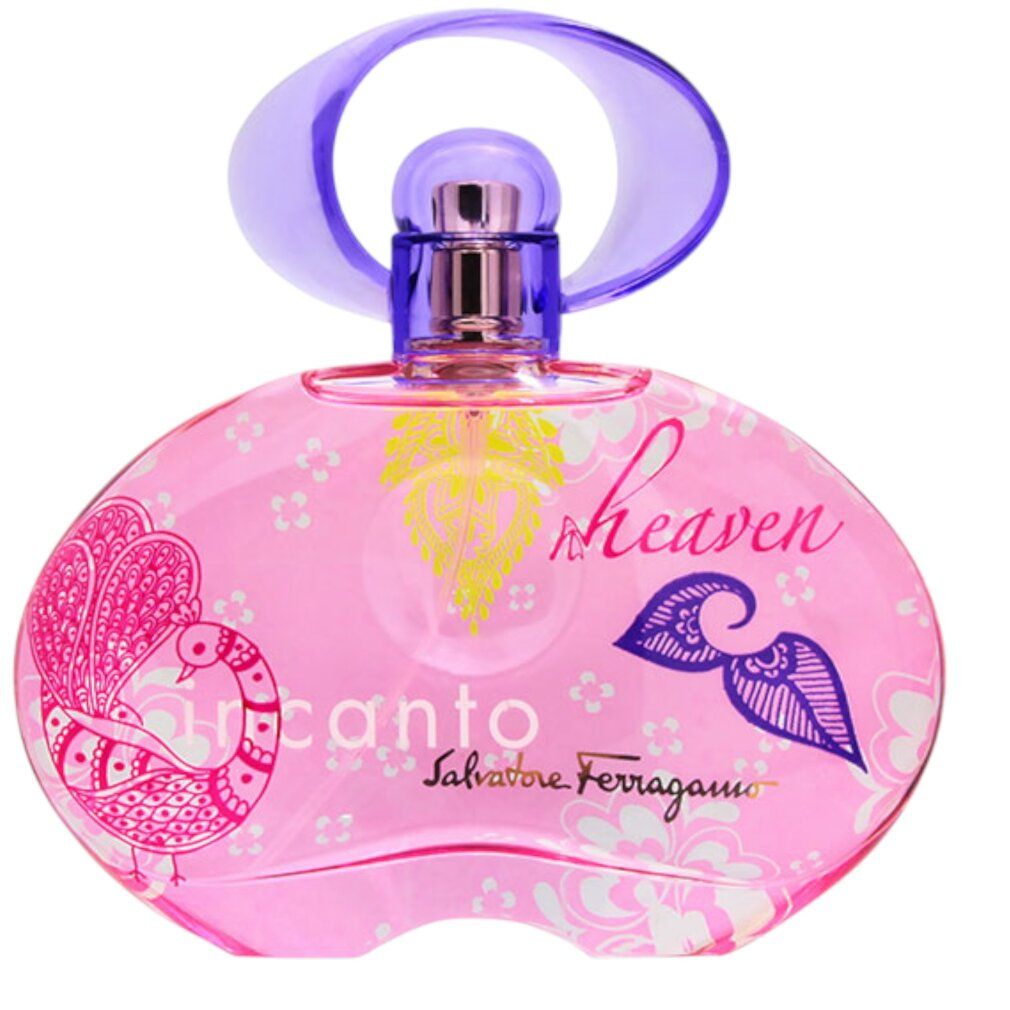 Rosa Flakon mit lila Verschluss. Aufschrift "incanto heaven" und "Salvatore Ferragamo". Dekoratives Design mit Pfau und Blättern.