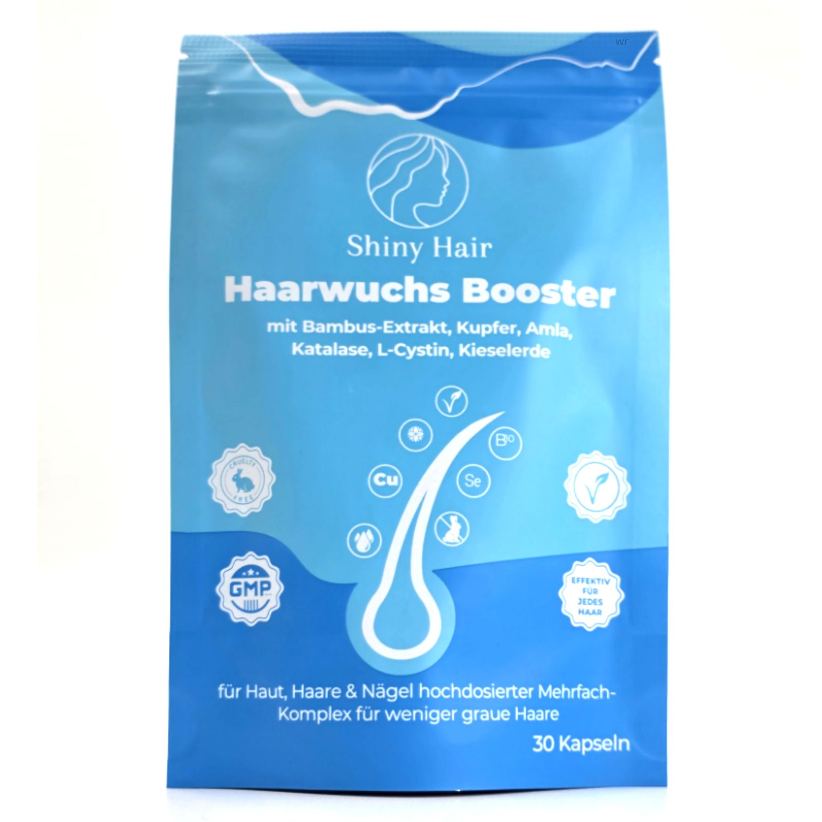 Blaue Verpackung mit Produktnamen Shiny Hair Haarwuchs Booster. Enthält 30 Kapseln. GMP-Siegel.