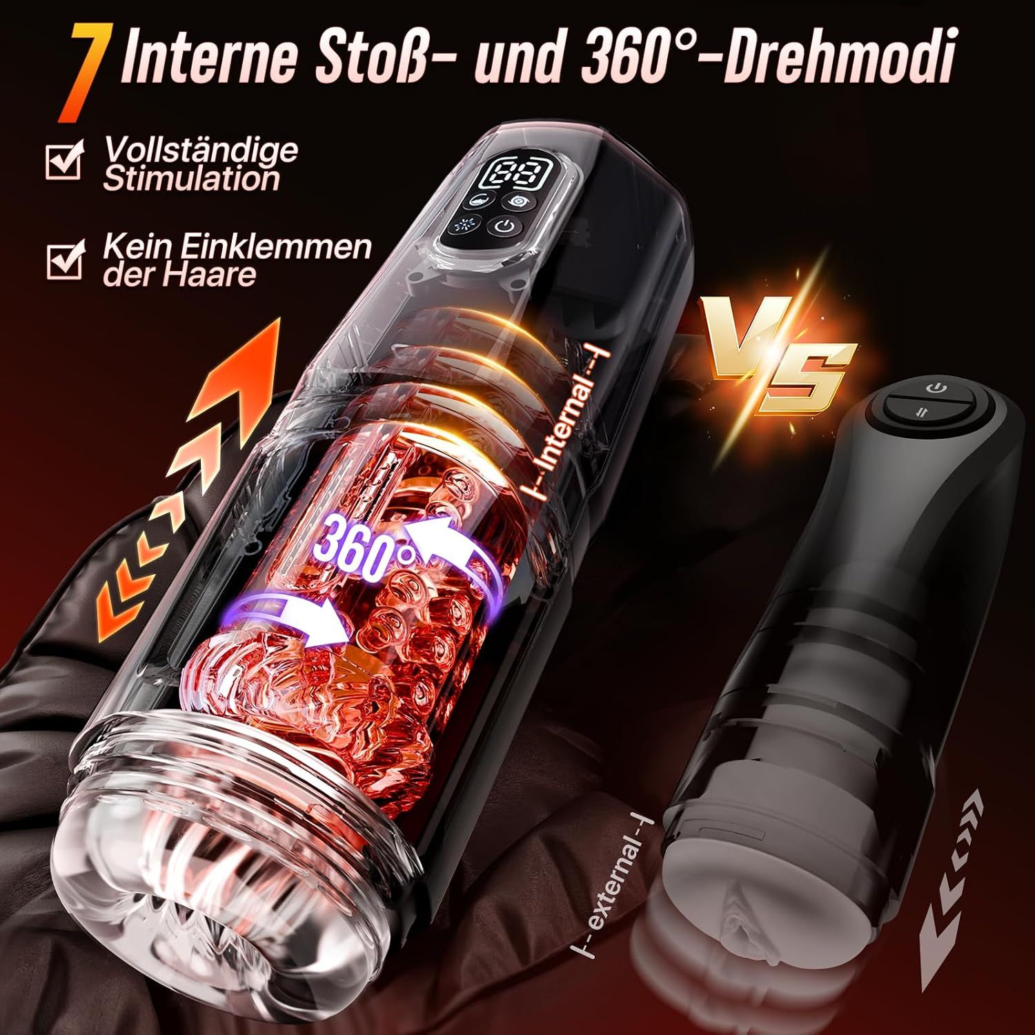 Elektrischer Masturbator mit 7 Vibrations- und Rotationsmodi, LED-Display und 3D-Hülle.