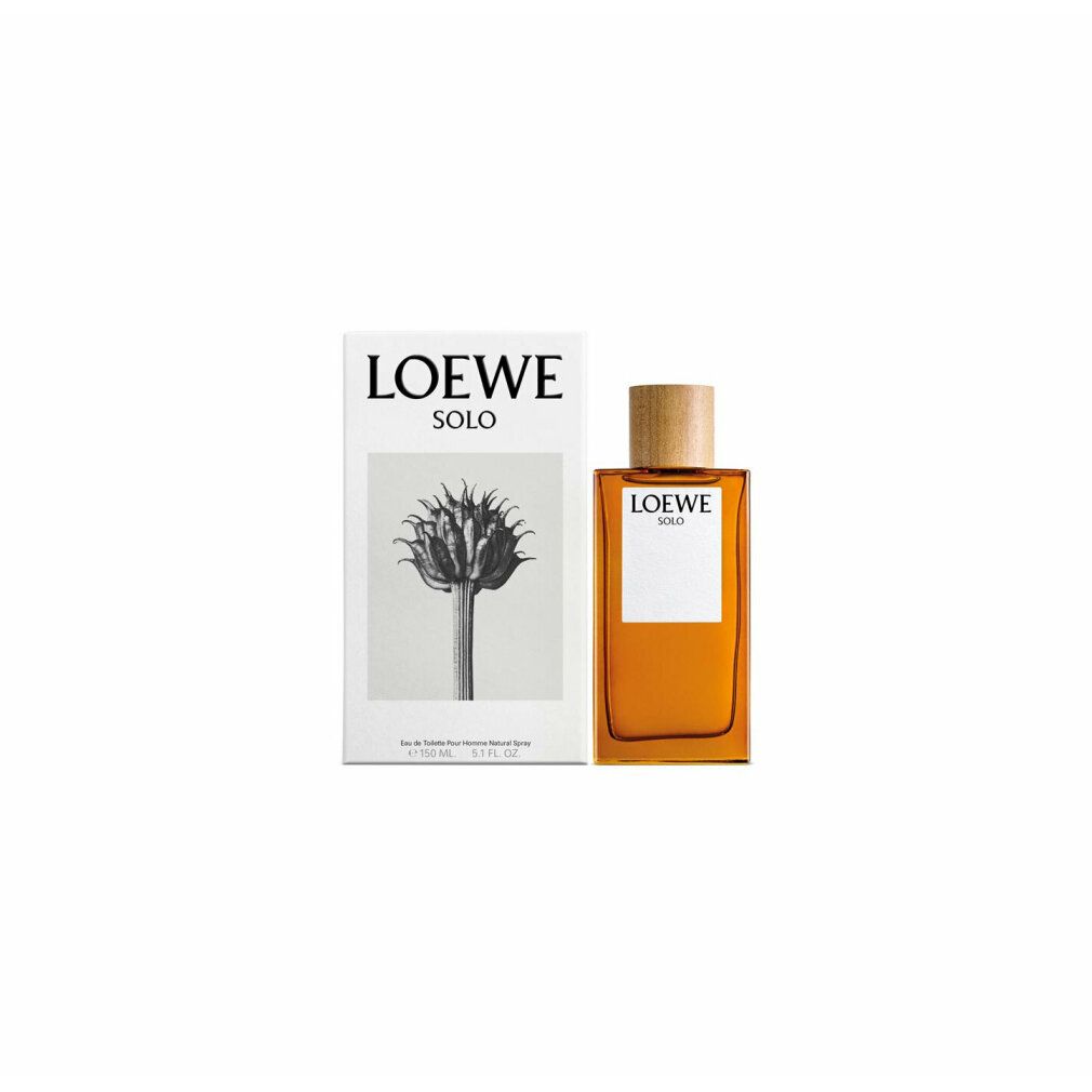 Braune Glasflasche mit Holzdeckel neben weißer Verpackung. Auf der Verpackung und Flasche steht "LOEWE SOLO".