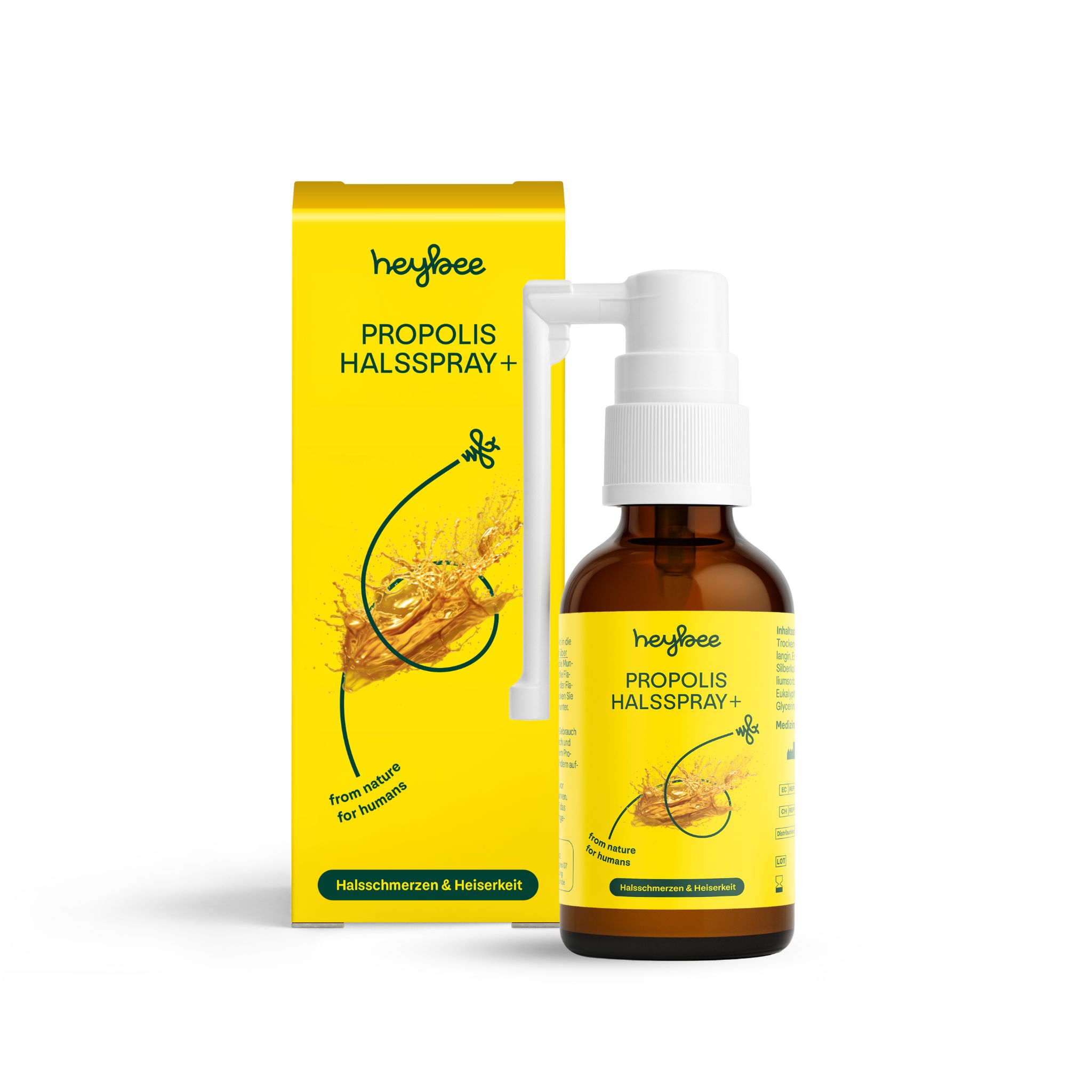 Heybee Propolis Halsspray+ Flasche und Verpackung. Braune Flasche mit weißem Sprühkopf. Gelber Hintergrund.