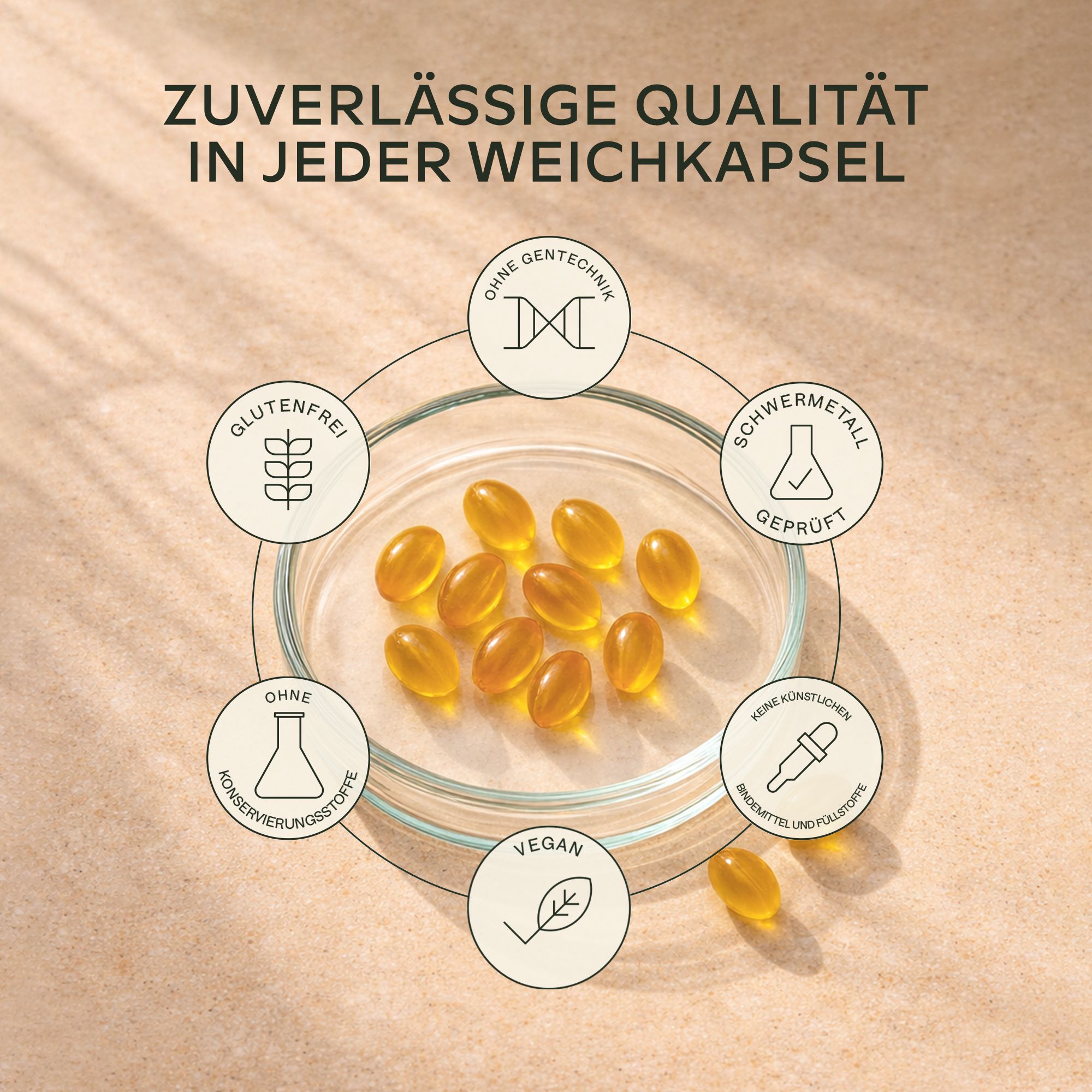Nahaufnahme von Omega-3-Kapseln in einer Glasplatte. Enthält Symbole für Qualität.