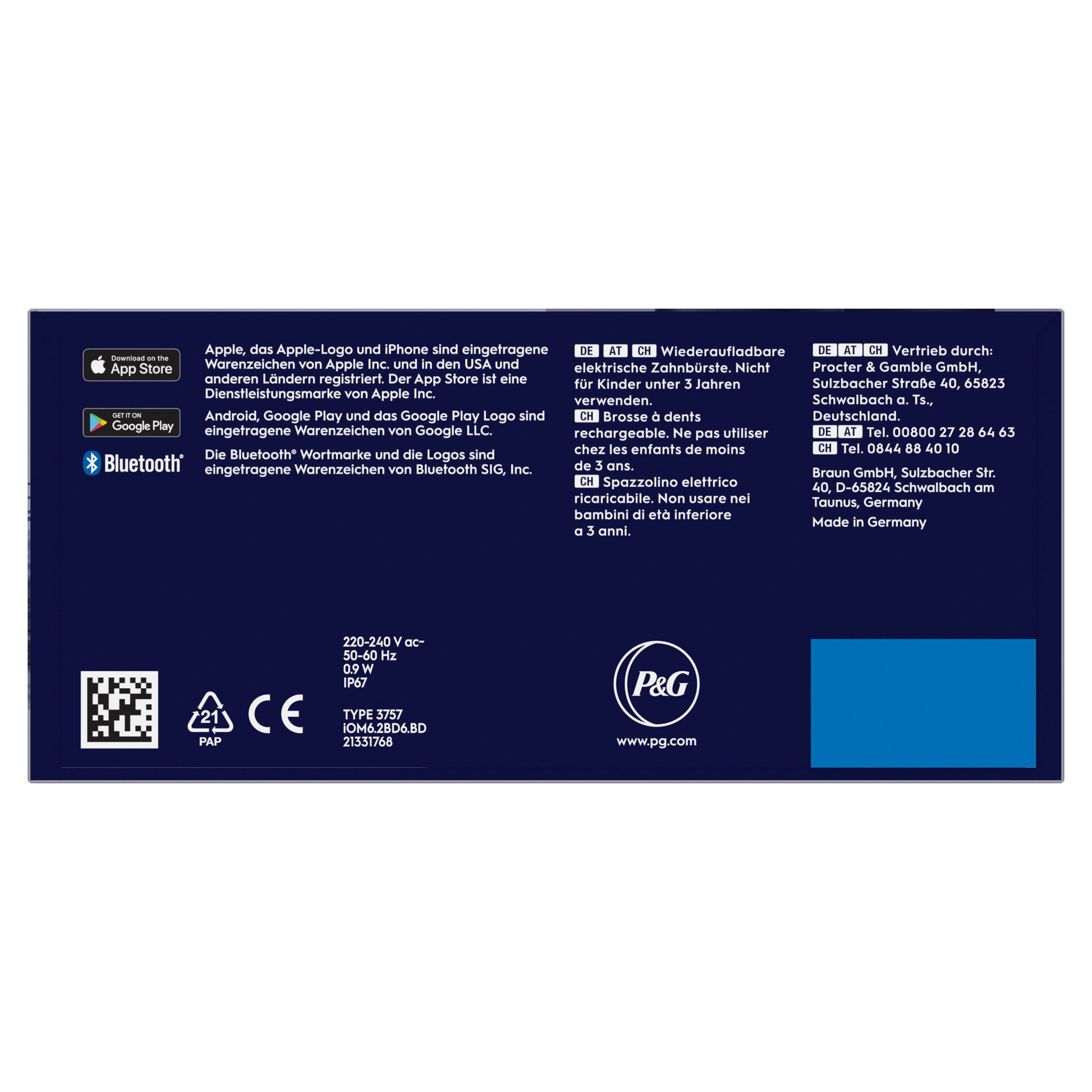 Detailansicht der Oral-B iO Series 6 Verpackung mit technischen Daten.