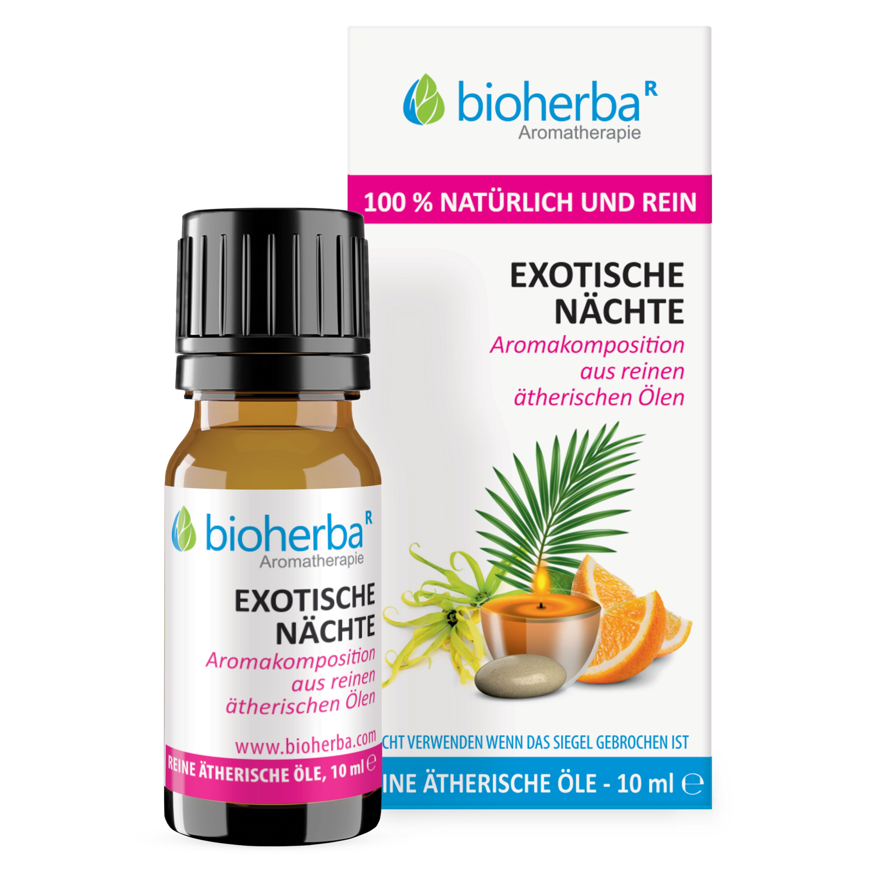 Braune Glasflasche mit schwarzem Deckel und Karton. Aufdruck: Bioherba Exotische Nächte, 100% natürlich und rein, 10 ml ätherische Öle.