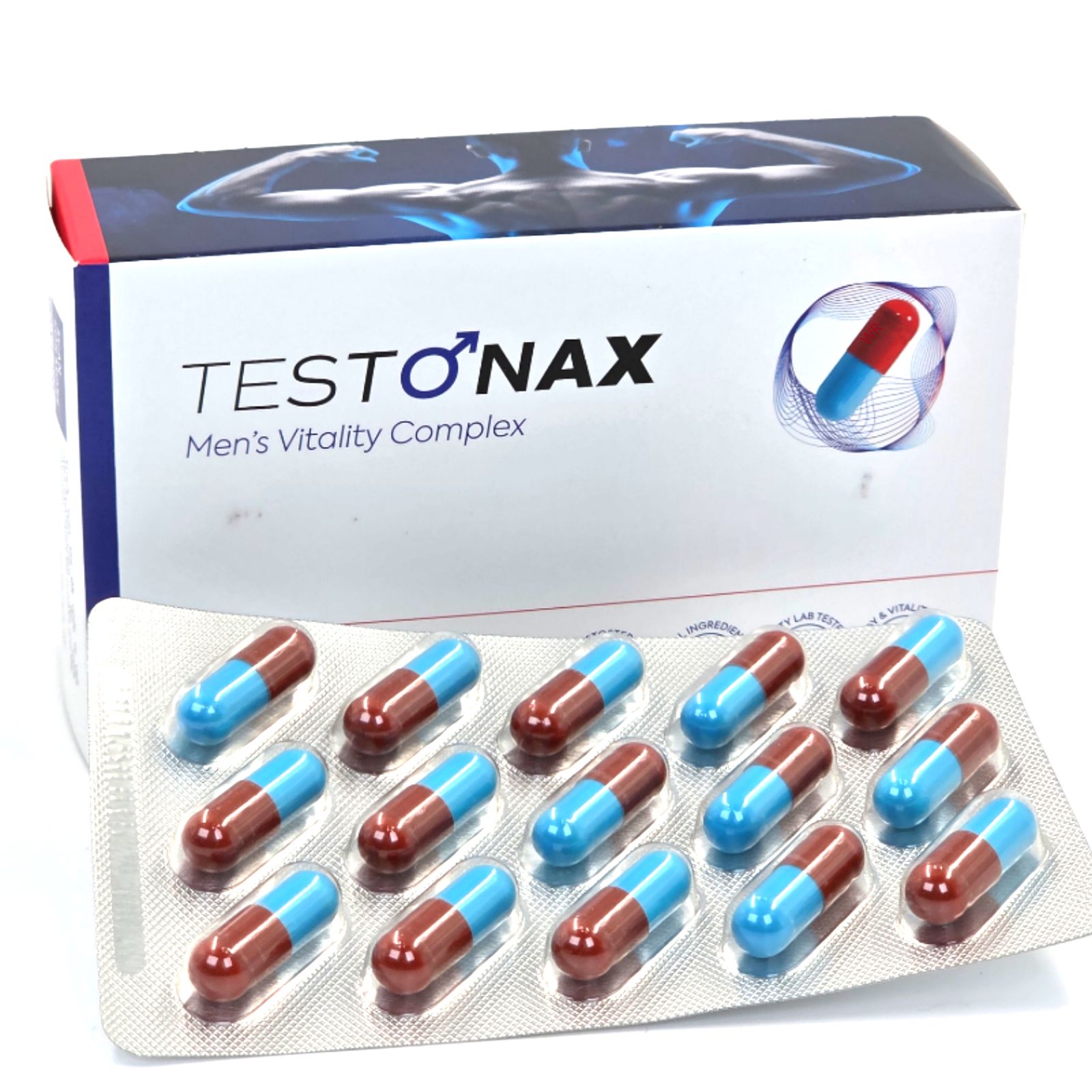 Schachtel "TESTO NAX" und Blisterpackung mit Kapseln. Blaue und rote Kapseln. 60 Kapseln.