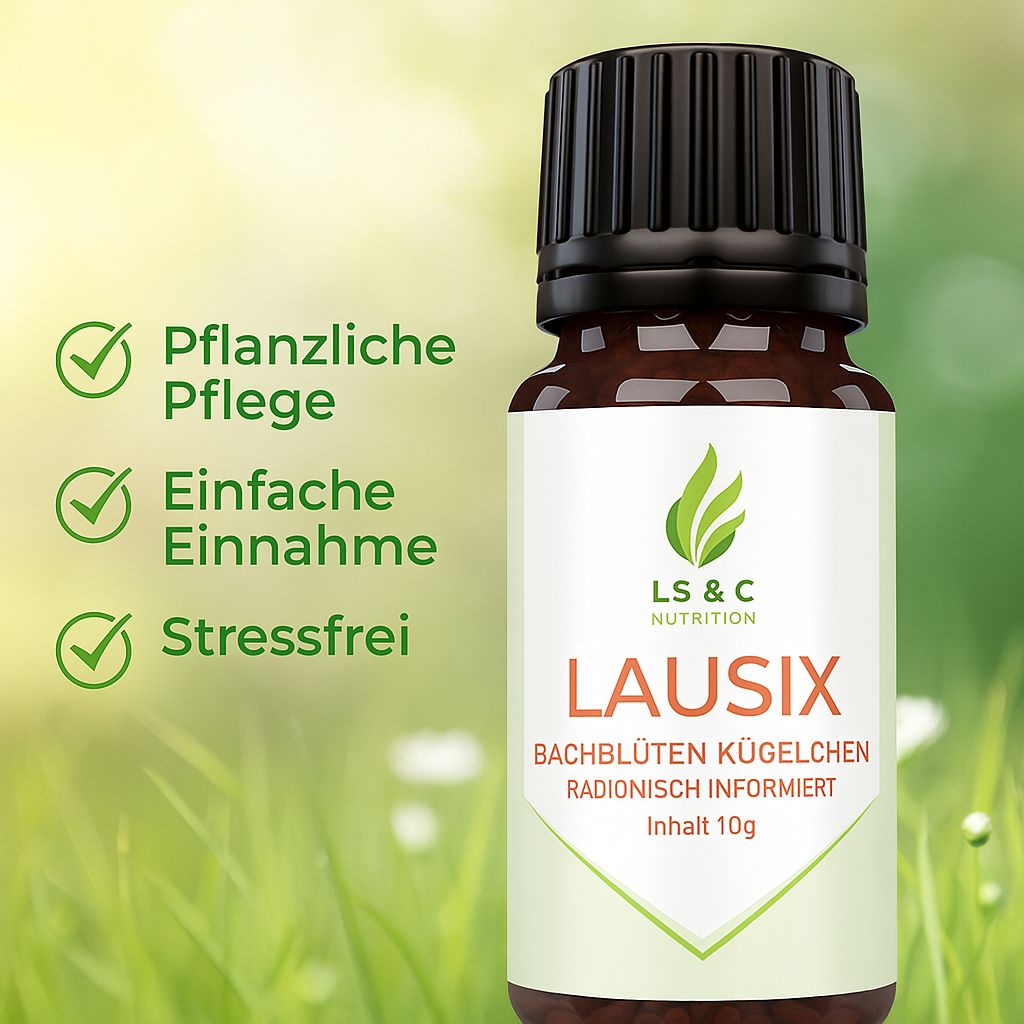 Braune Glasflasche mit schwarzem Deckel. Weißes Etikett mit Logo, Produktname und Text. Grüne Check-Symbole.