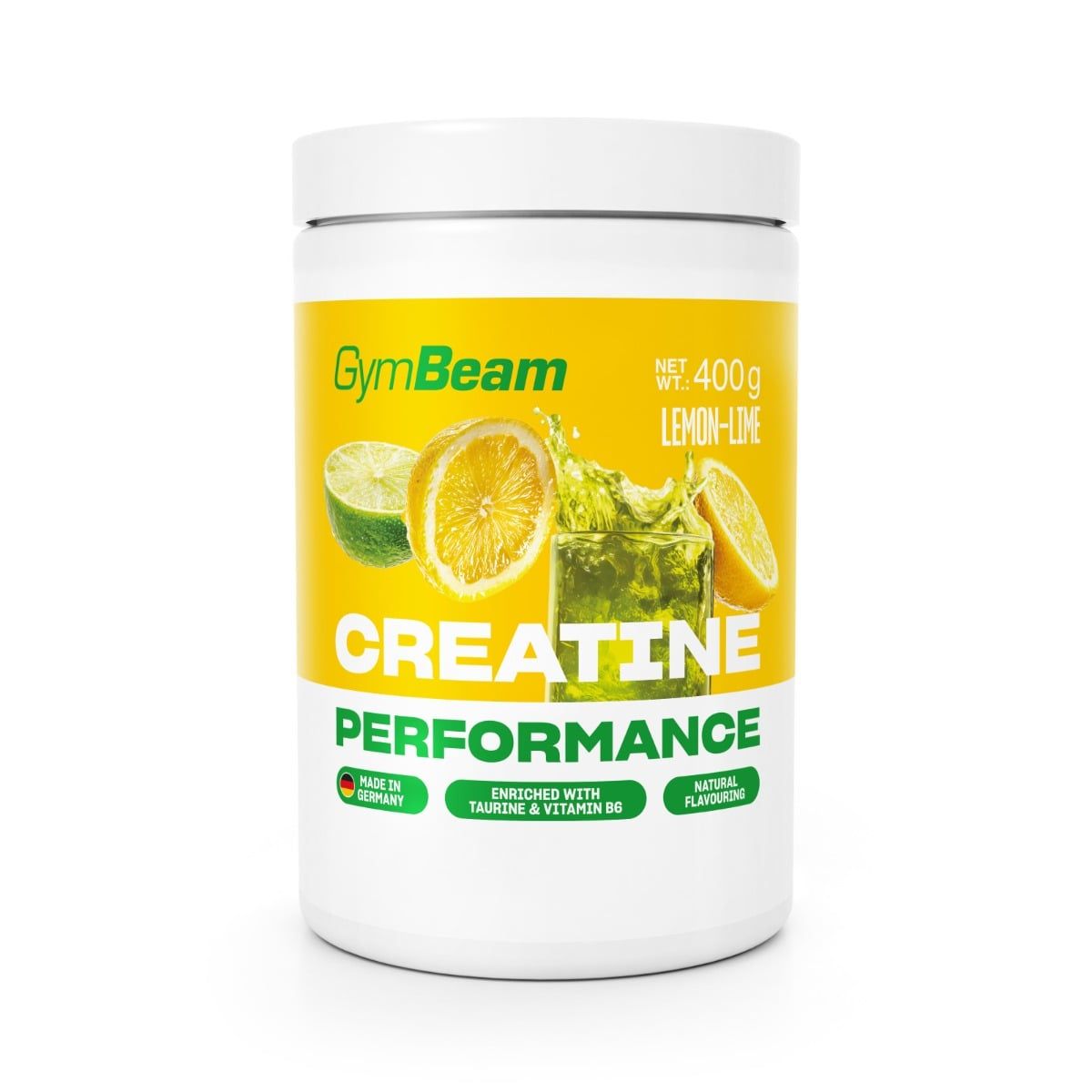 GymBeam Kreatin Performance Monohydrat Pulver in Zitrone-Limette Geschmack, 400g Dose mit Zitrusfrüchten.