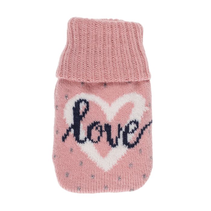 Rosa Wärmflaschenbezug mit Herz und Schriftzug "love". Der obere Teil ist rosa gestrickt. Kleine silberne Punkte sind verteilt.
