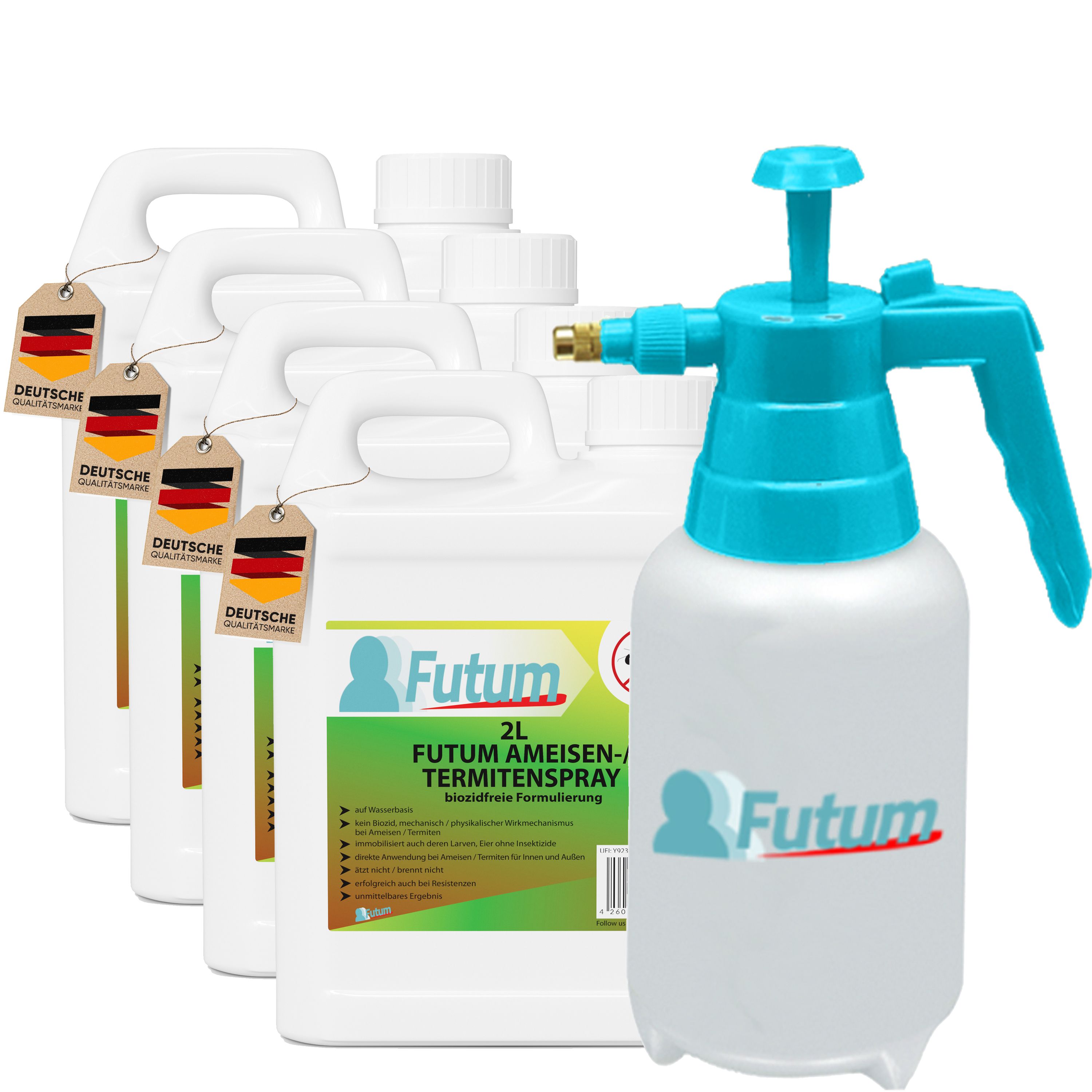Mehrere weiße Kanister und ein blauer Sprüher. Auf den Kanistern ist das Logo von Futum und das Etikett "FUTUM Ameisen-/Termitenspray" zu sehen. Einige Kanister haben Anhänger.