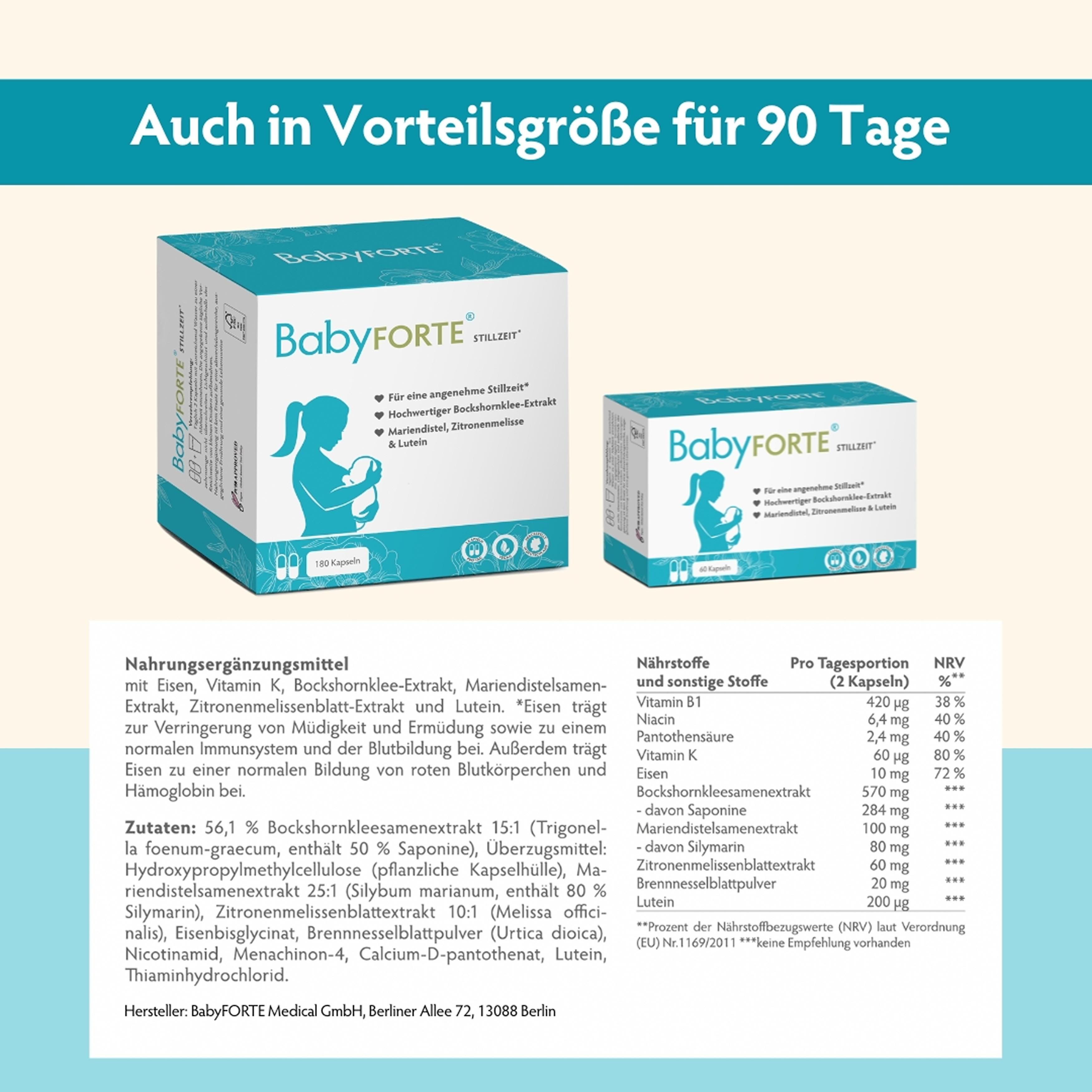 Zwei BabyFORTE-Verpackungen. Text: Auch in Vorteilgröße für 90 Tage. Inhaltsstoffe und Nährwerttabelle. Produktbeschreibung.