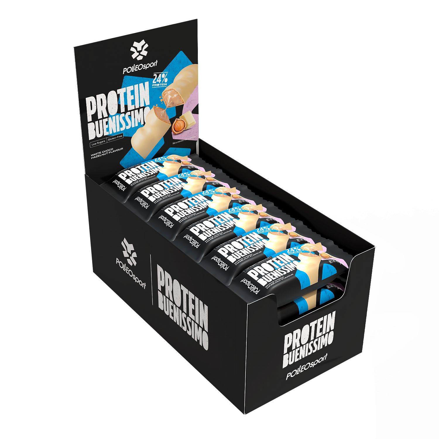 Display-Box mit Proteinriegeln. Schwarze Box mit weißer Schrift. Aufschrift: Protein Buenissimo. Riegel teilweise sichtbar.