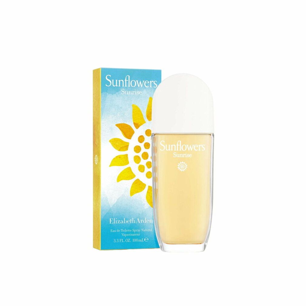 Flakon und Verpackung von Elizabeth Arden Sunflowers Sunrise. Flakon mit weißem Deckel, gelber Flüssigkeit. Verpackung mit Sonnenblumen-Design.