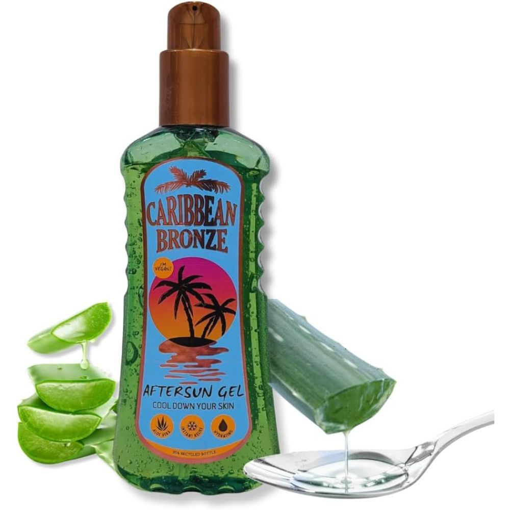 Grüne Flasche mit braunem Pumpkopf. Caribbean Bronze Aftersun Gel. Aloe Vera Blätter und Gel.